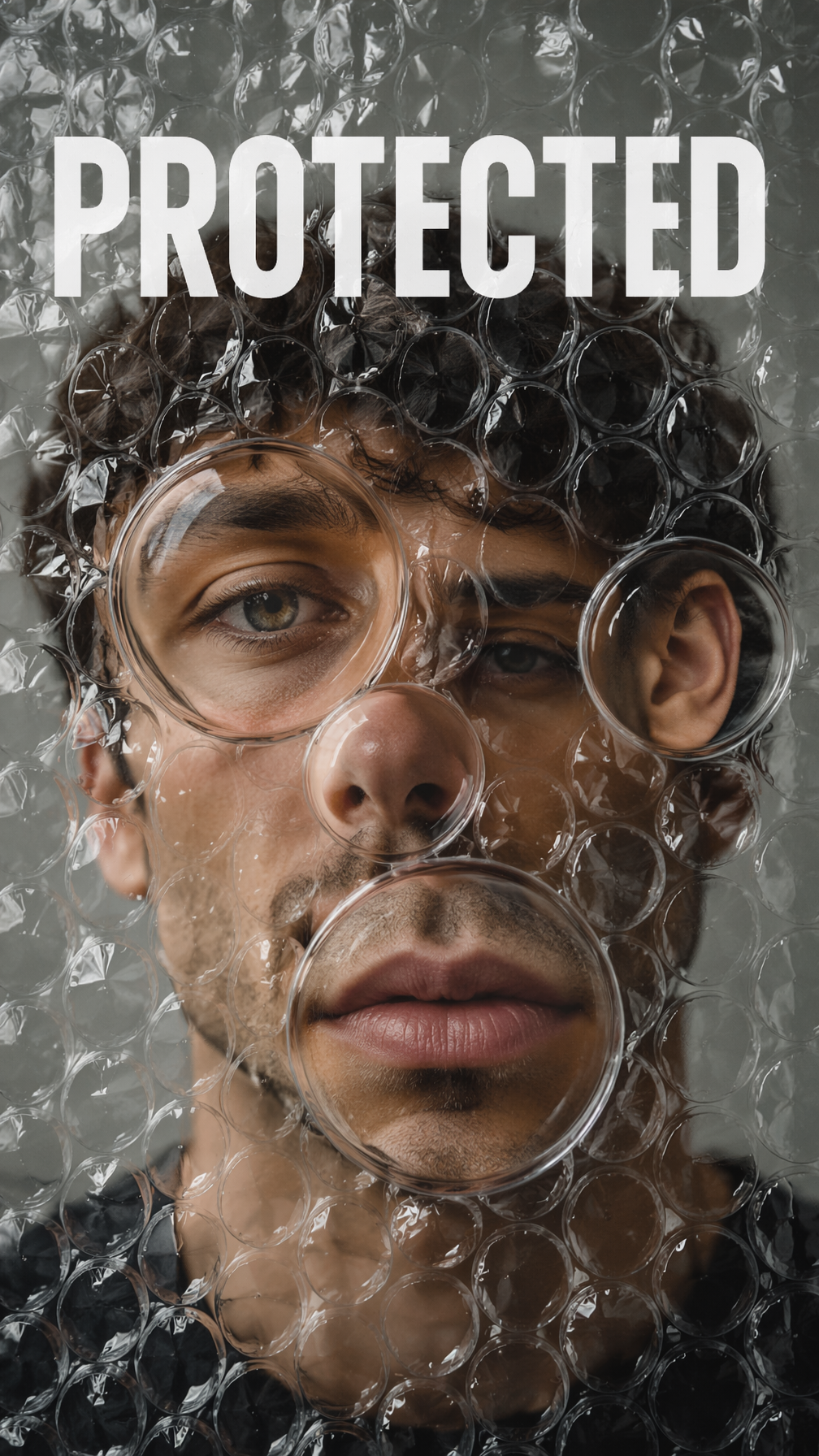 Portrait behind transparent bubble wrap.Each bubble enlarges