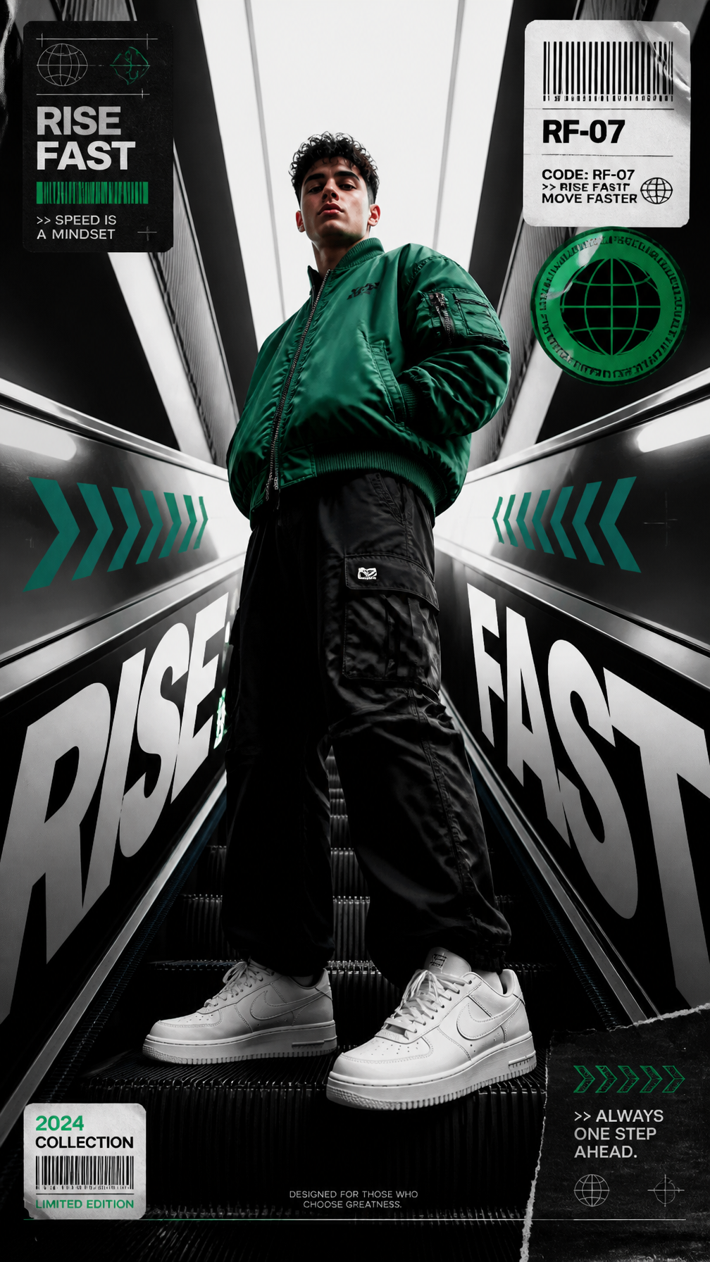 A premium 9:16 sports-fashion editorial advertising poster.M