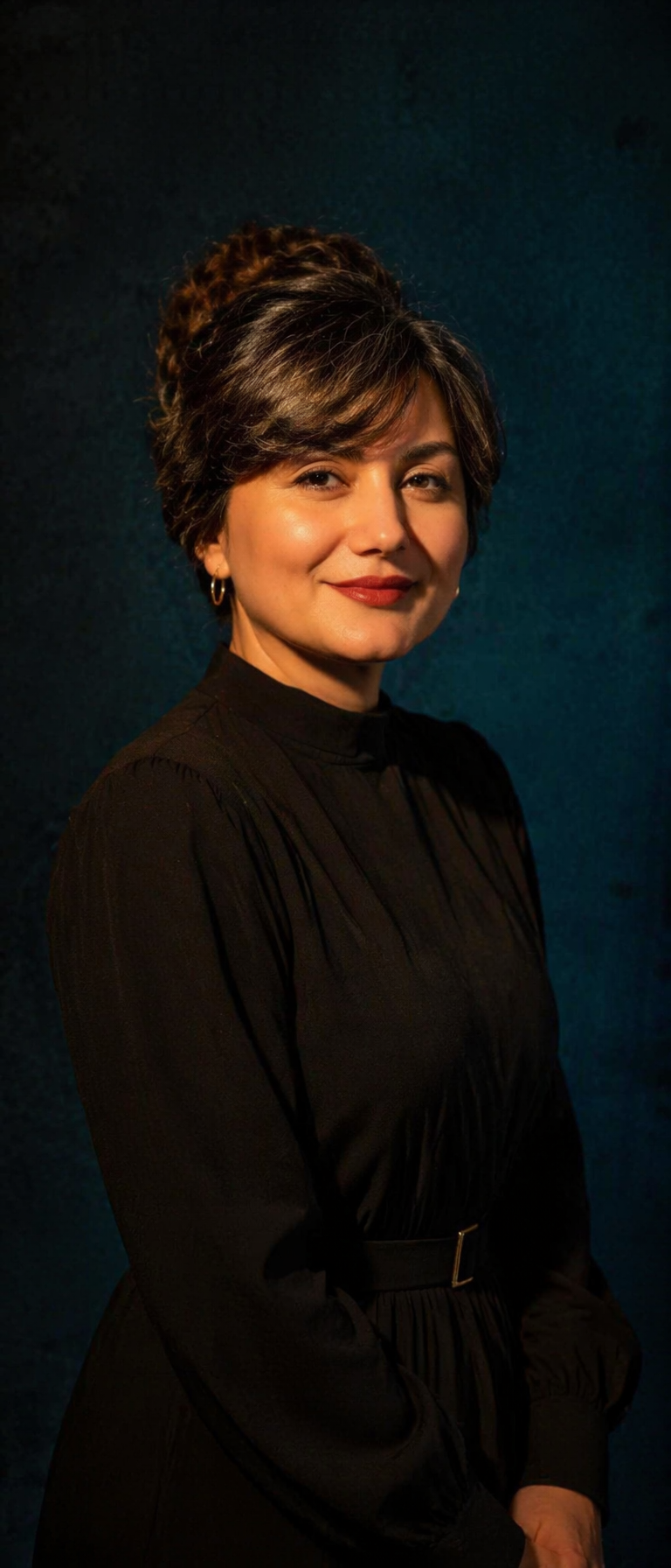 A studio portrait, medium shot of a 
woman. High-contrast li