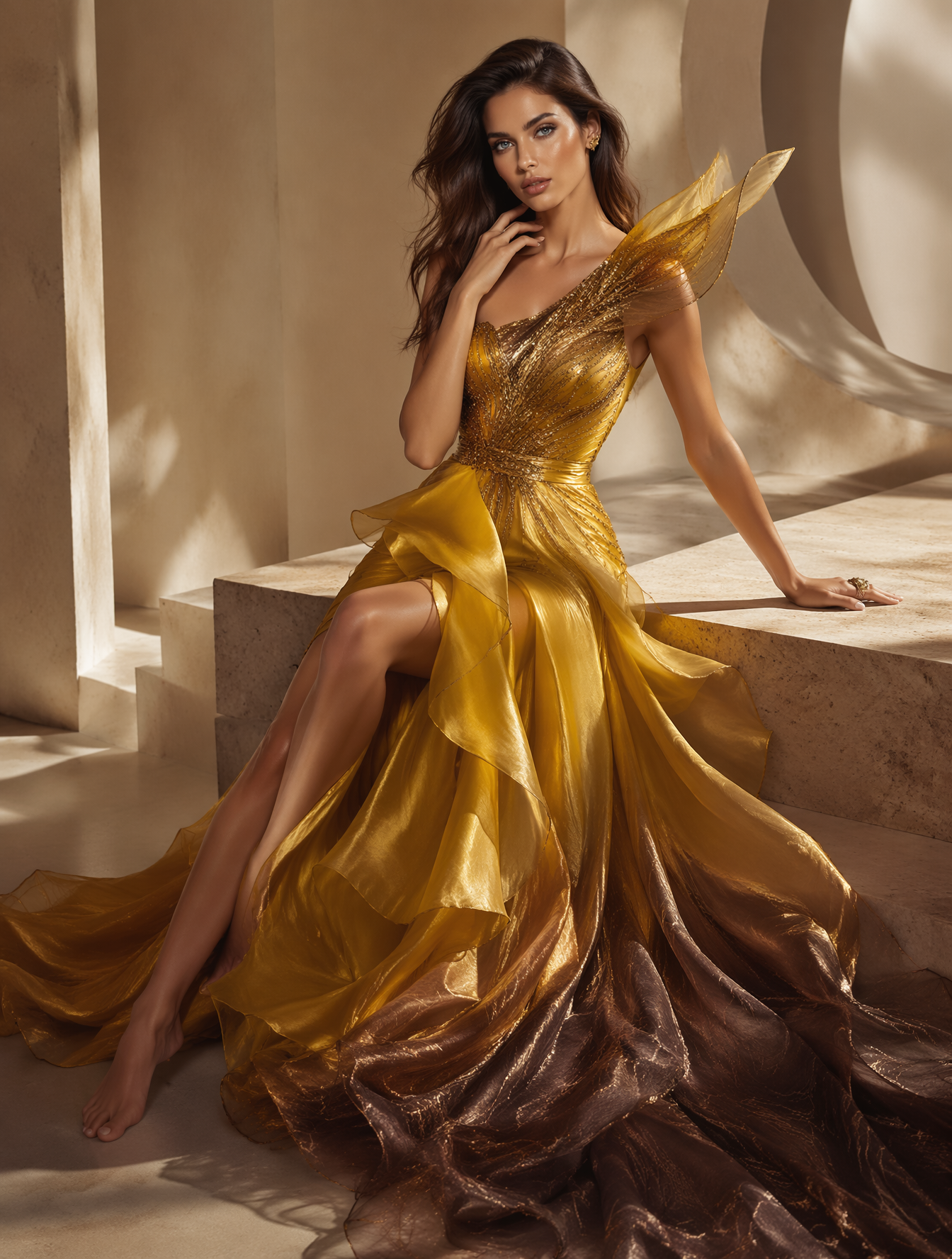 full-body female model, brunette woman in her early 20s, str