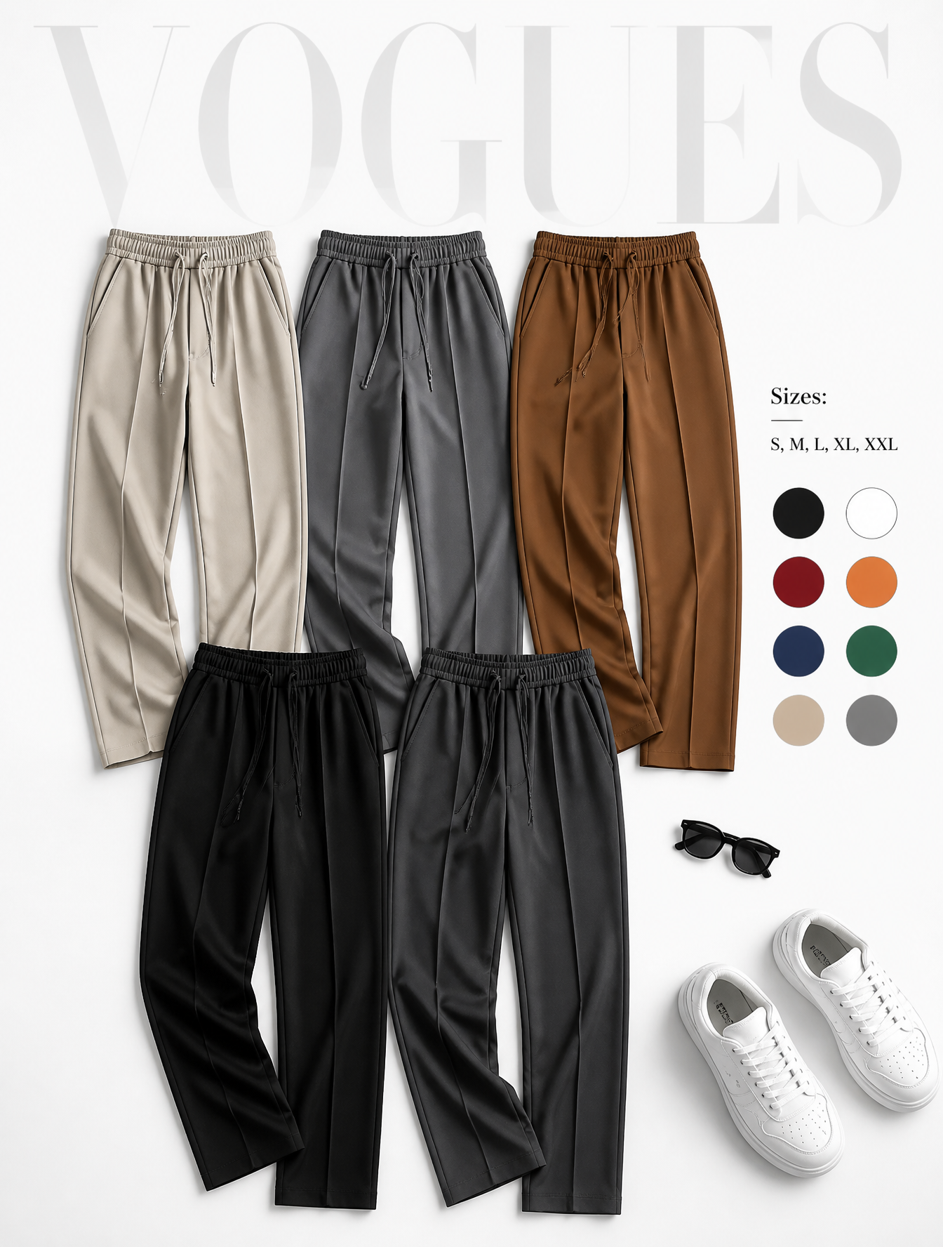 Create a premium fashion catalog flat lay on a clean soft wh