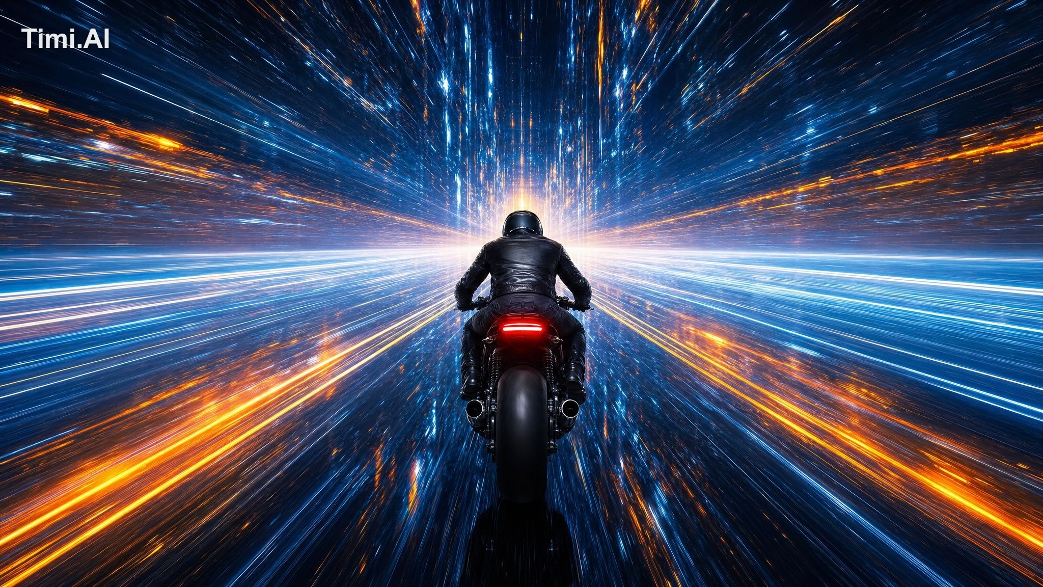 A lone motorcyclist wearing a sleek black leather jacket and