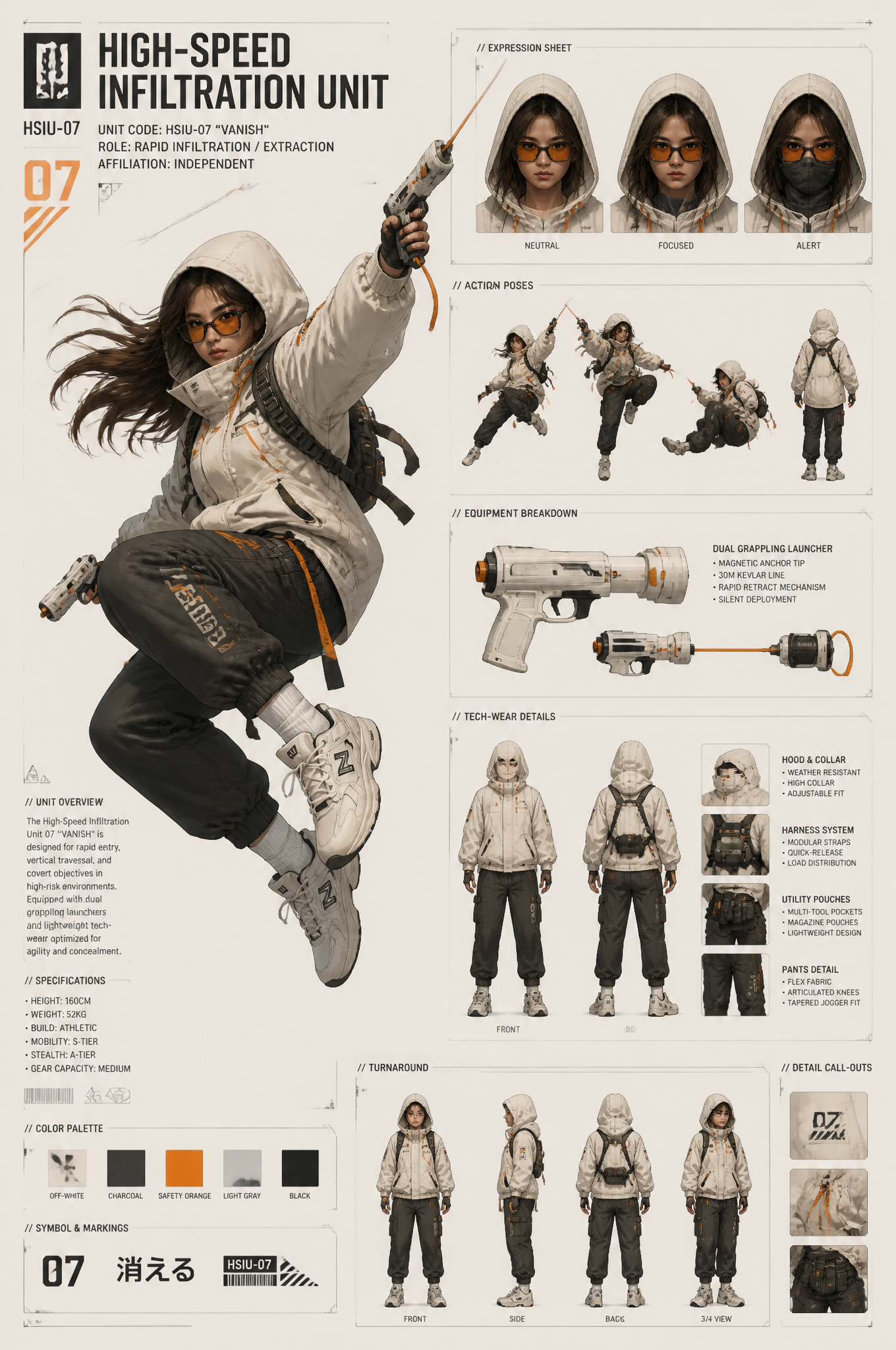 A dynamic character concept sheet showcases a "High-Speed In