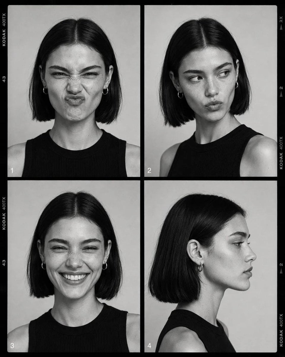 Black-and-white fashion casting contact sheet of [Human] wit