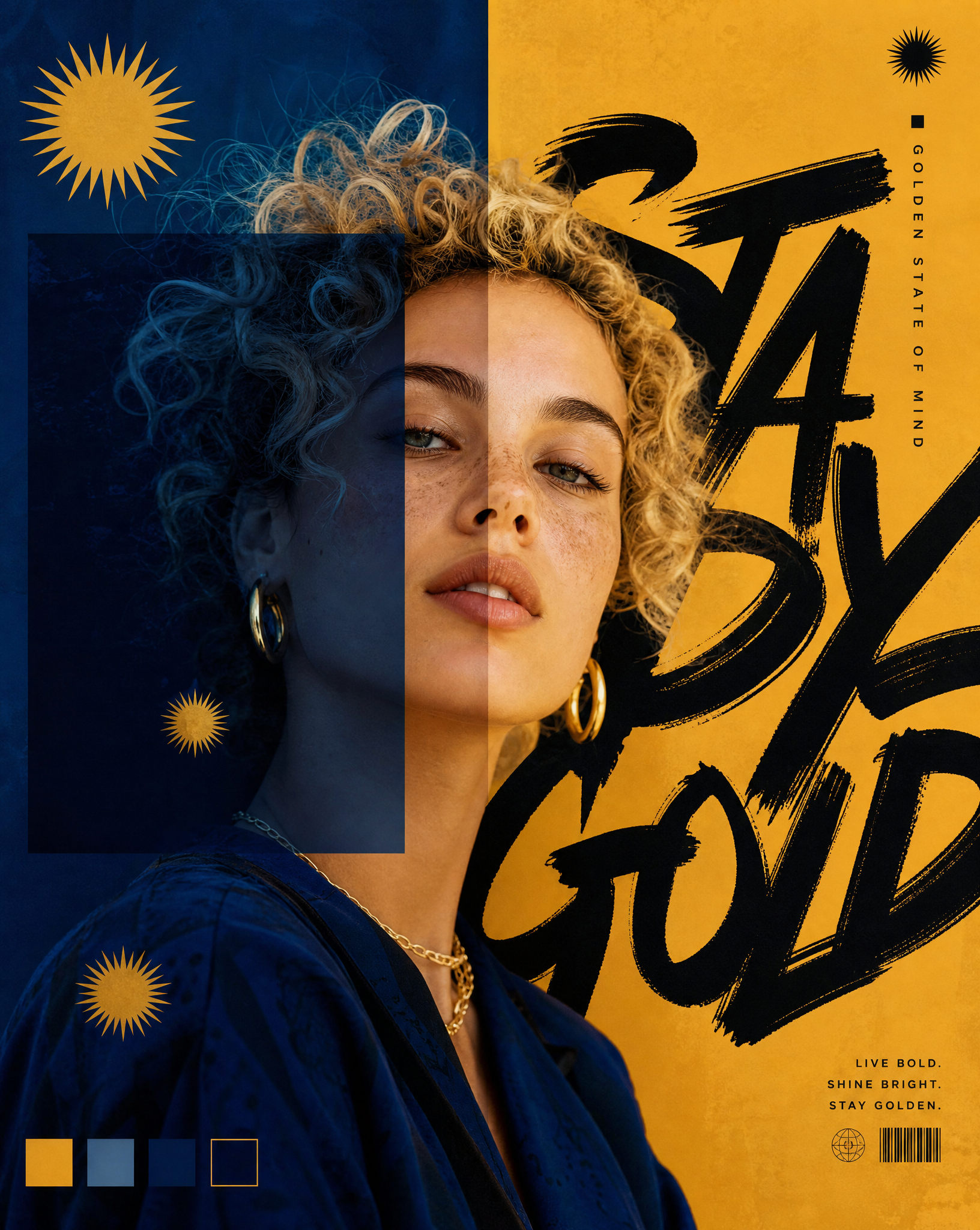 Azure & Gold Editorial portrait of a young woman with curly 