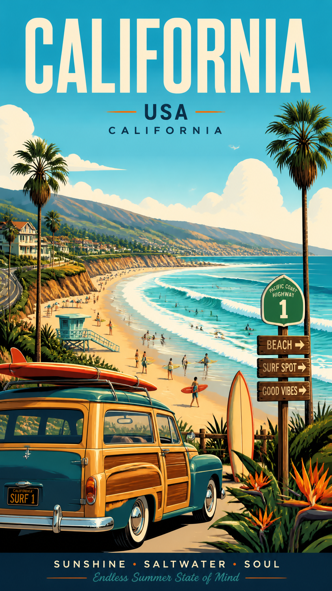 Create an ultra-high-resolution art travel poster of CALIFOR