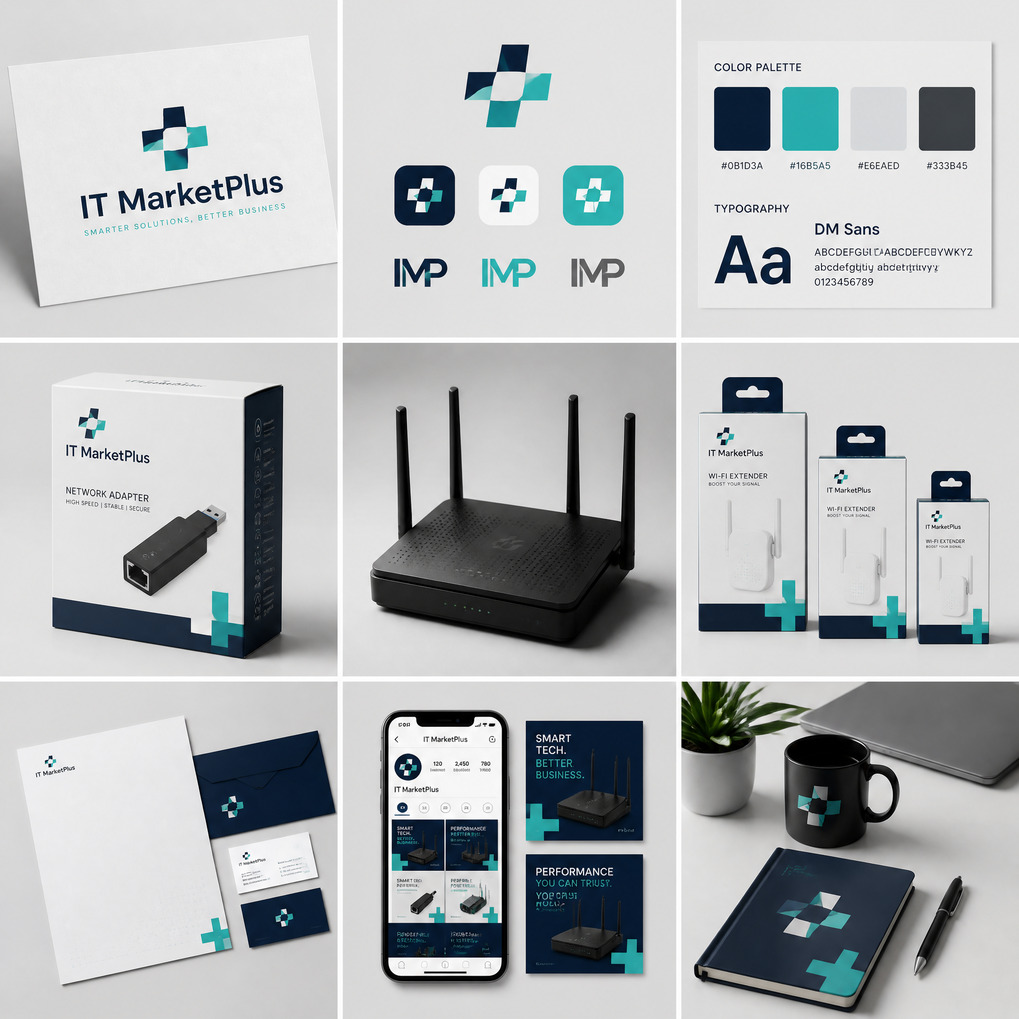 [brand name], complete brand identity grid, 3x3 layout, nine
