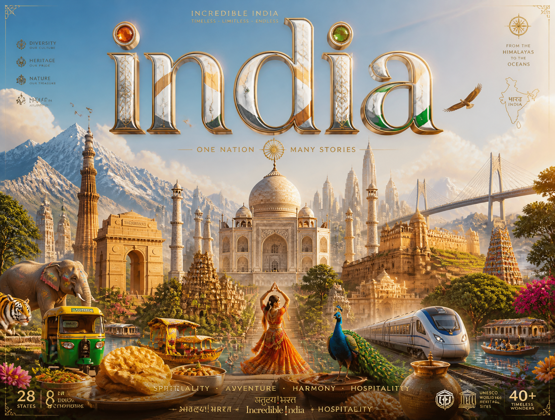 Ultra-premium cinematic 3D travel poster for [INDIA], bright