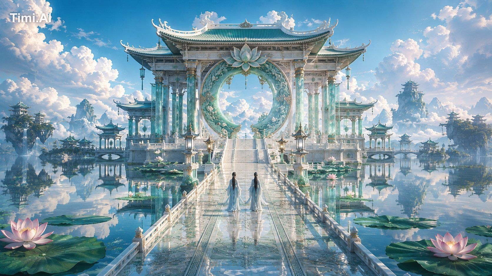 一幅明亮绚丽的东方仙侠电影场景,cinematic ultra-wide shot。
严格单点透视,一条由浅金色玉石铺