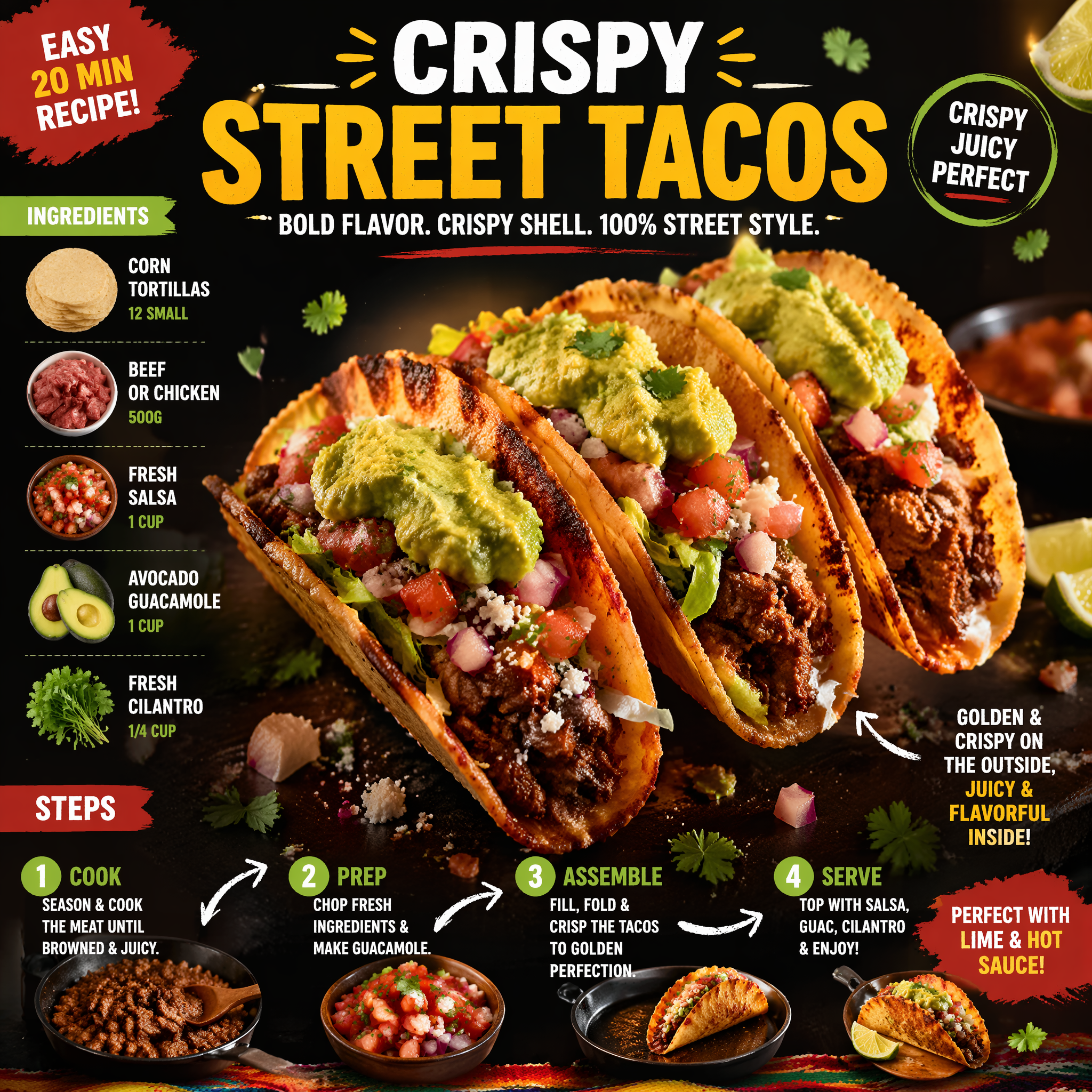 Ultra-viral recipe infographic.
Showcase CRISPY STREET TACOS