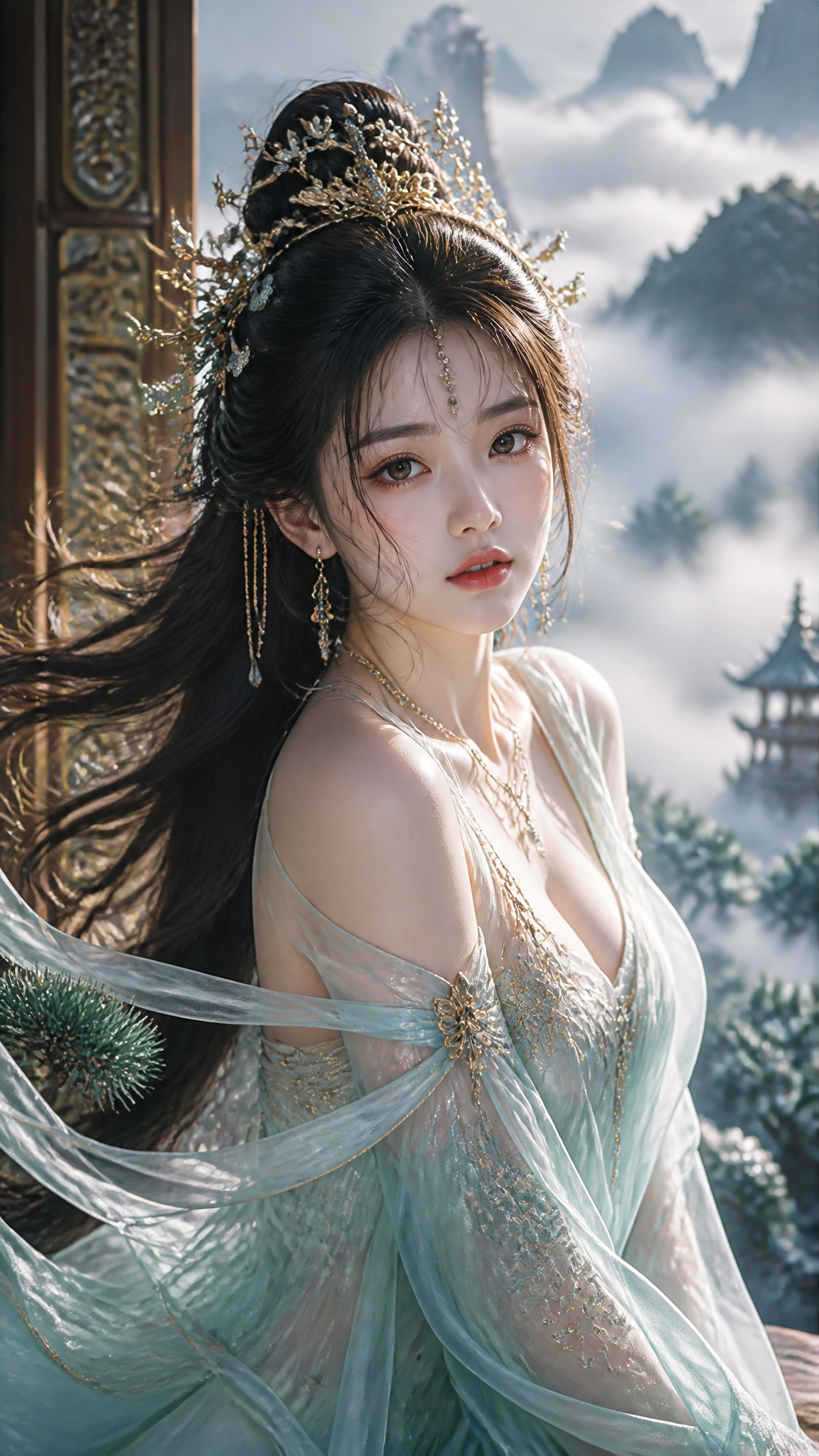 8K超高清，极致写实真人质感，电影级光影，一位绝代风华的古风东方女子，身姿窈窕优雅，五官精致绝伦，眉眼温婉又自带清冷氛围
