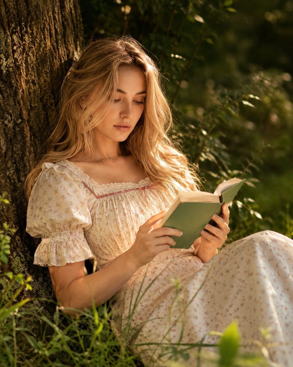 A dreamy cottagecore editorial portrait captured during gold