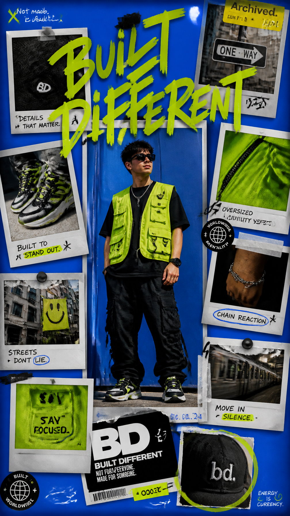 A premium 9:16 streetwear campaign poster.Main Subject:
A co
