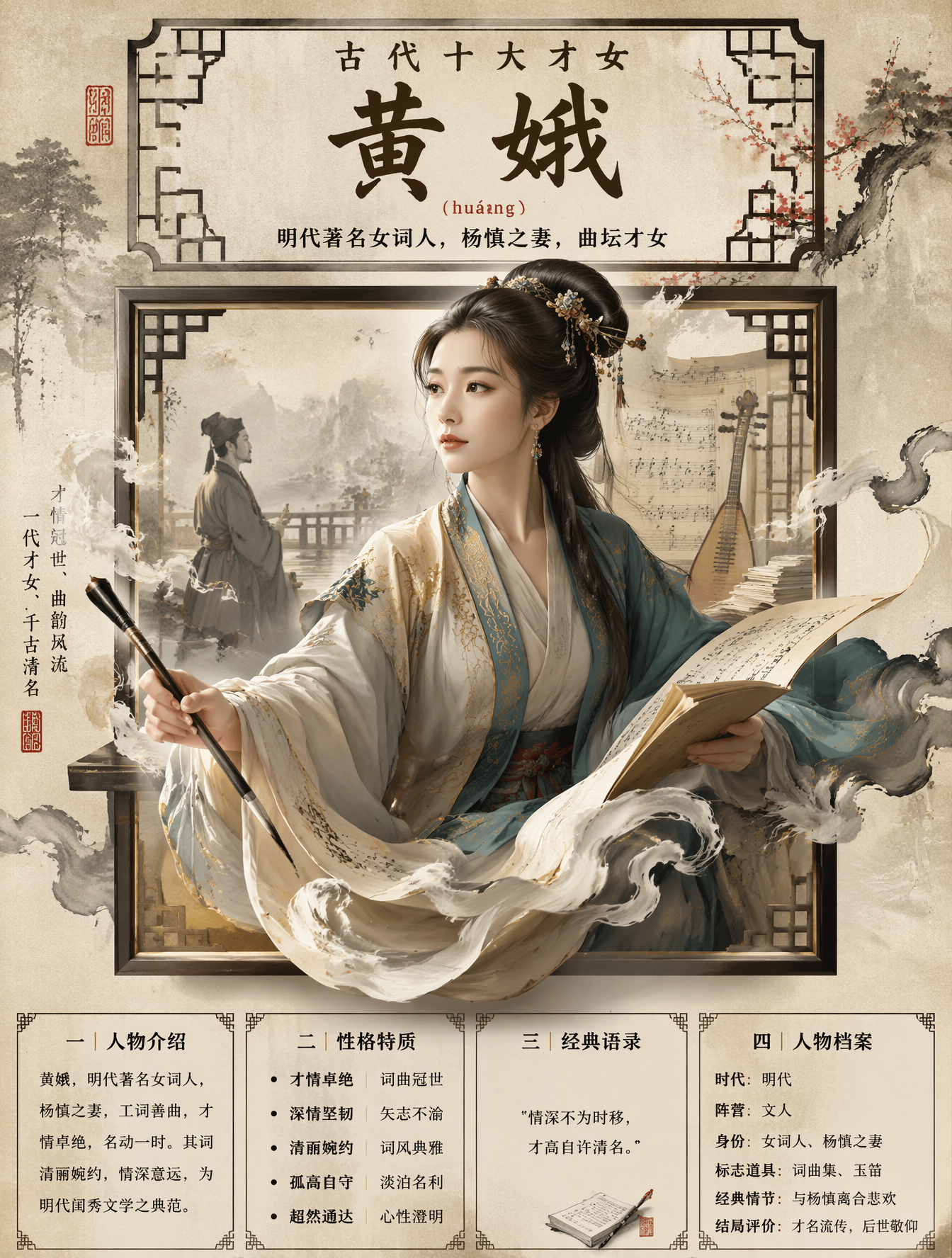 请生成一张【中国古典人物高端国风信息海报】。【人物】人物名称：{黄娥}【前置分析要求】请先基于该人物在中国古典文学、历史