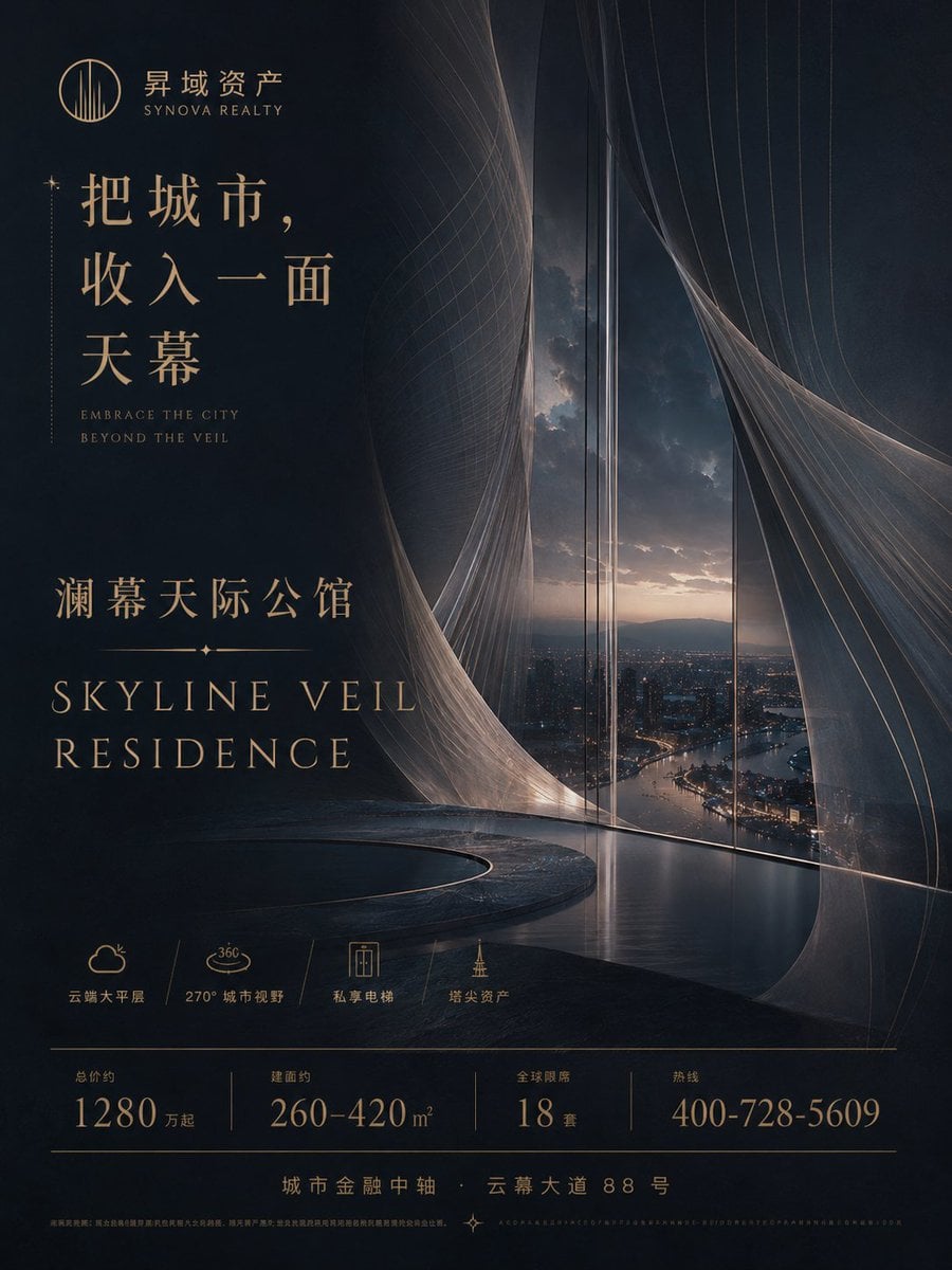 生成一张高端地产项目竖版广告海报,画面比例 3:4 或 4:5。
这是一个完全原创的 Demo 项目,请不要使用任何真