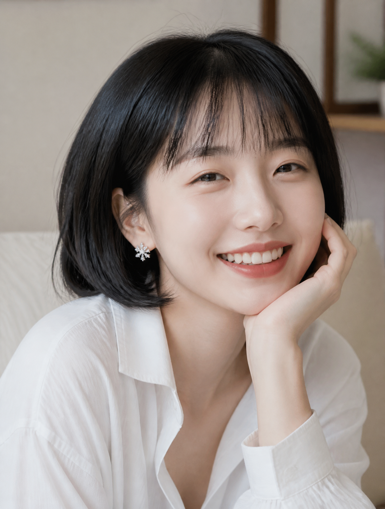 真实人像摄影，半身照，23 岁东亚年轻女生，柔和鹅蛋圆脸，柔和平缓骨相，自然齐刘海黑色短发，刘海轻薄带细碎空气感发丝，乌