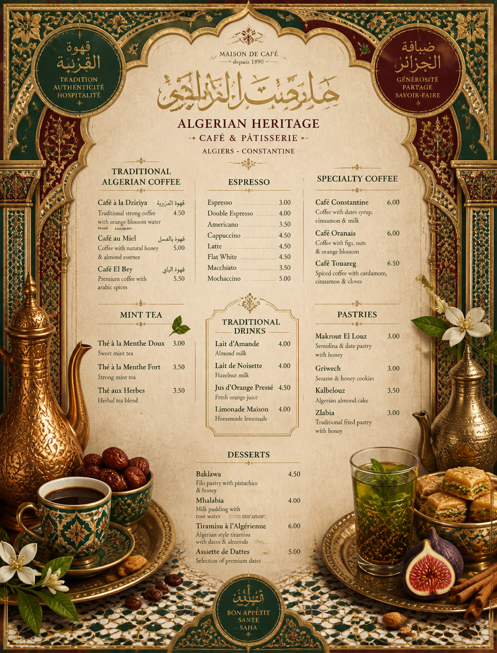 Luxury maximalist coffee shop menu design inspired by Algeri