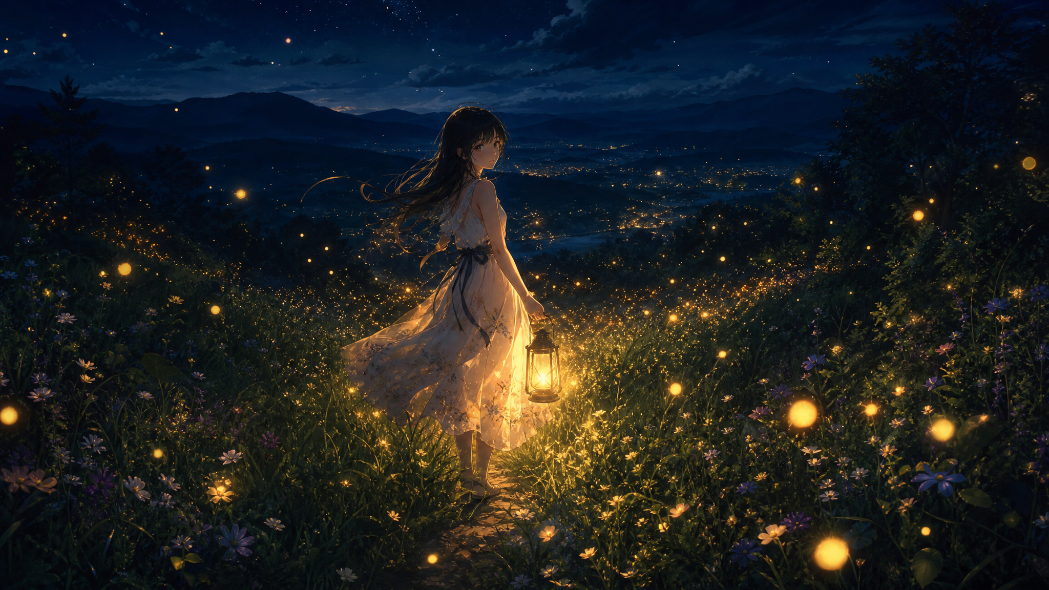 A girl walking through a meadow illuminated by thousands of 