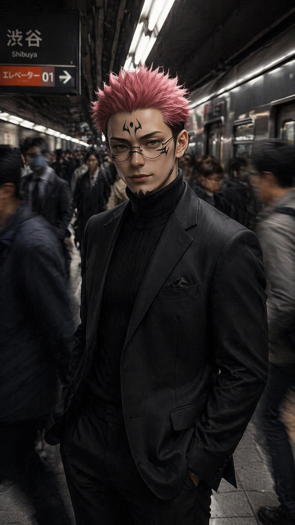 Cinematic portrait of a stylish man standing on a busy subwa