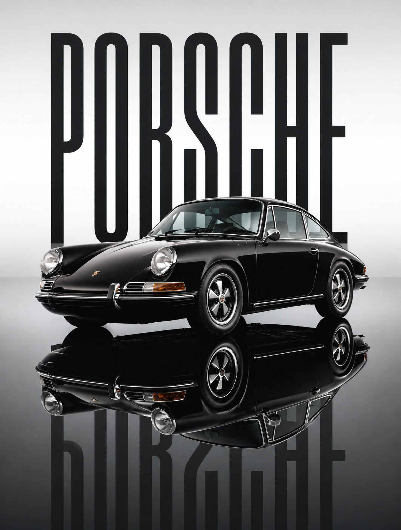 A pristine black 1969 porsche sits stationary on a dark, mi