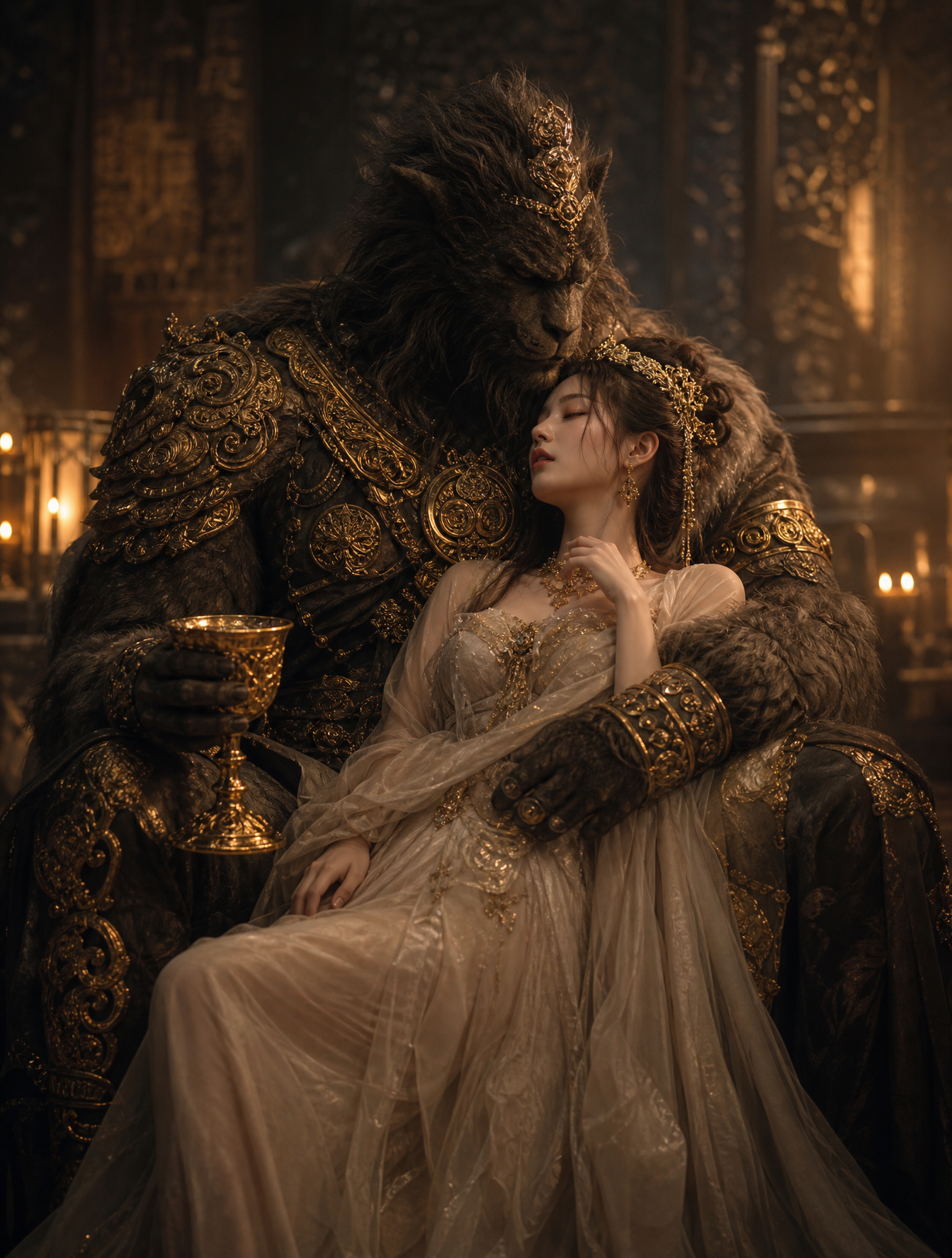 A delicate empress in translucent, layered silk robes leans 