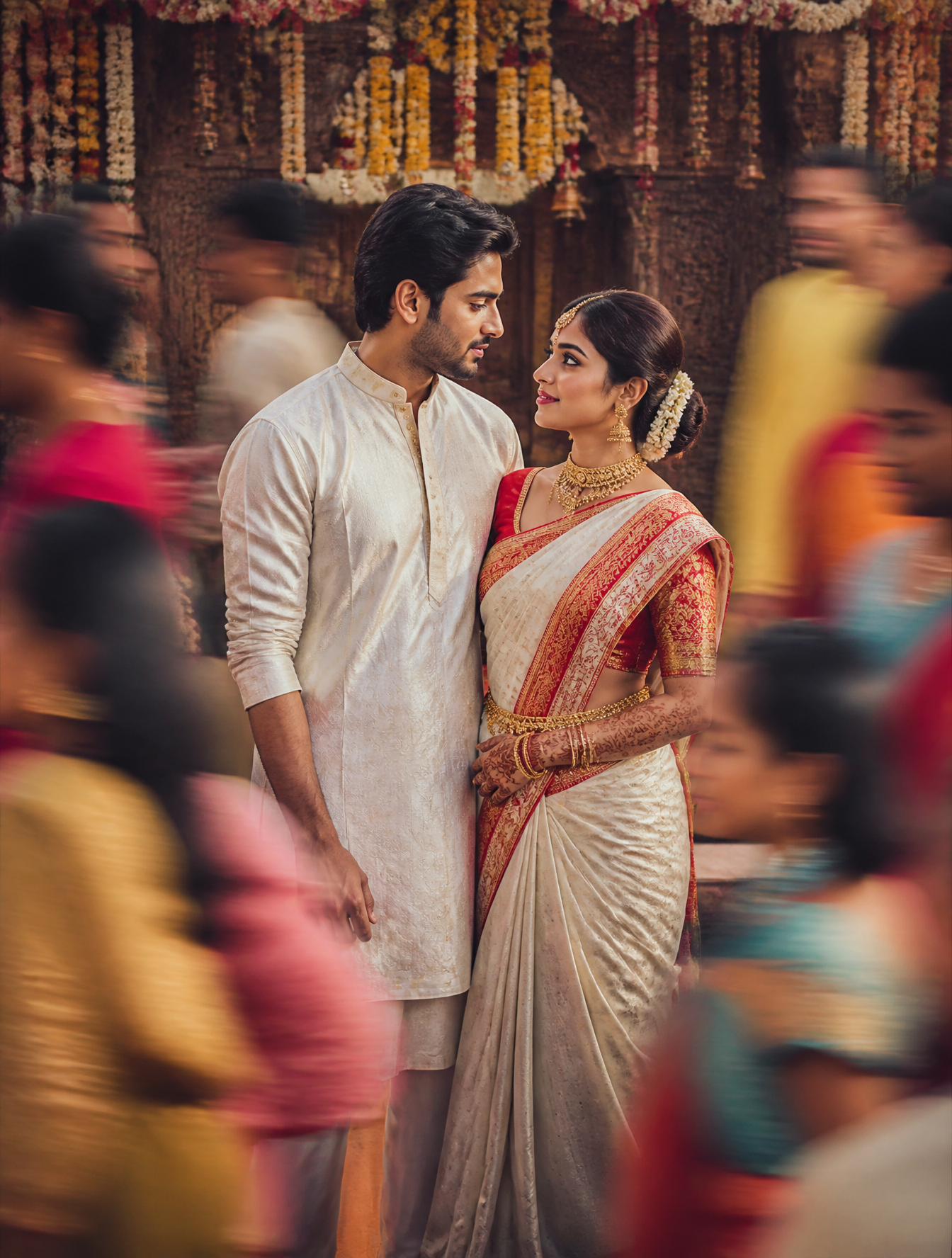 A cinematic Gujarati wedding scene featuring a man and woman