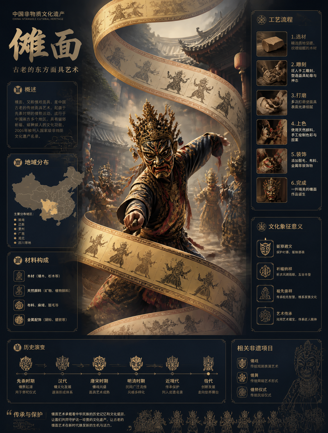 中国非物质文化遗产信息图海报,竖版3:4构图画面中心:展示傩面的核心场景(工艺制作/表演/人物操作),具有强叙事感视觉主