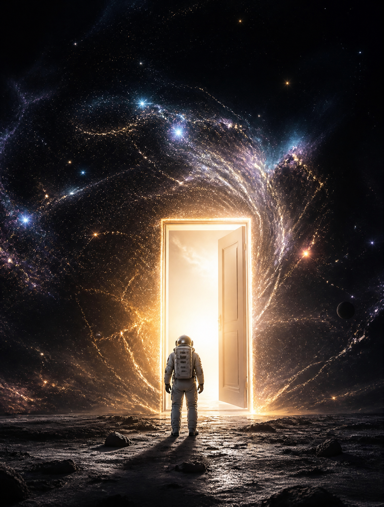 A lonely astronaut discovering a glowing door in the middle