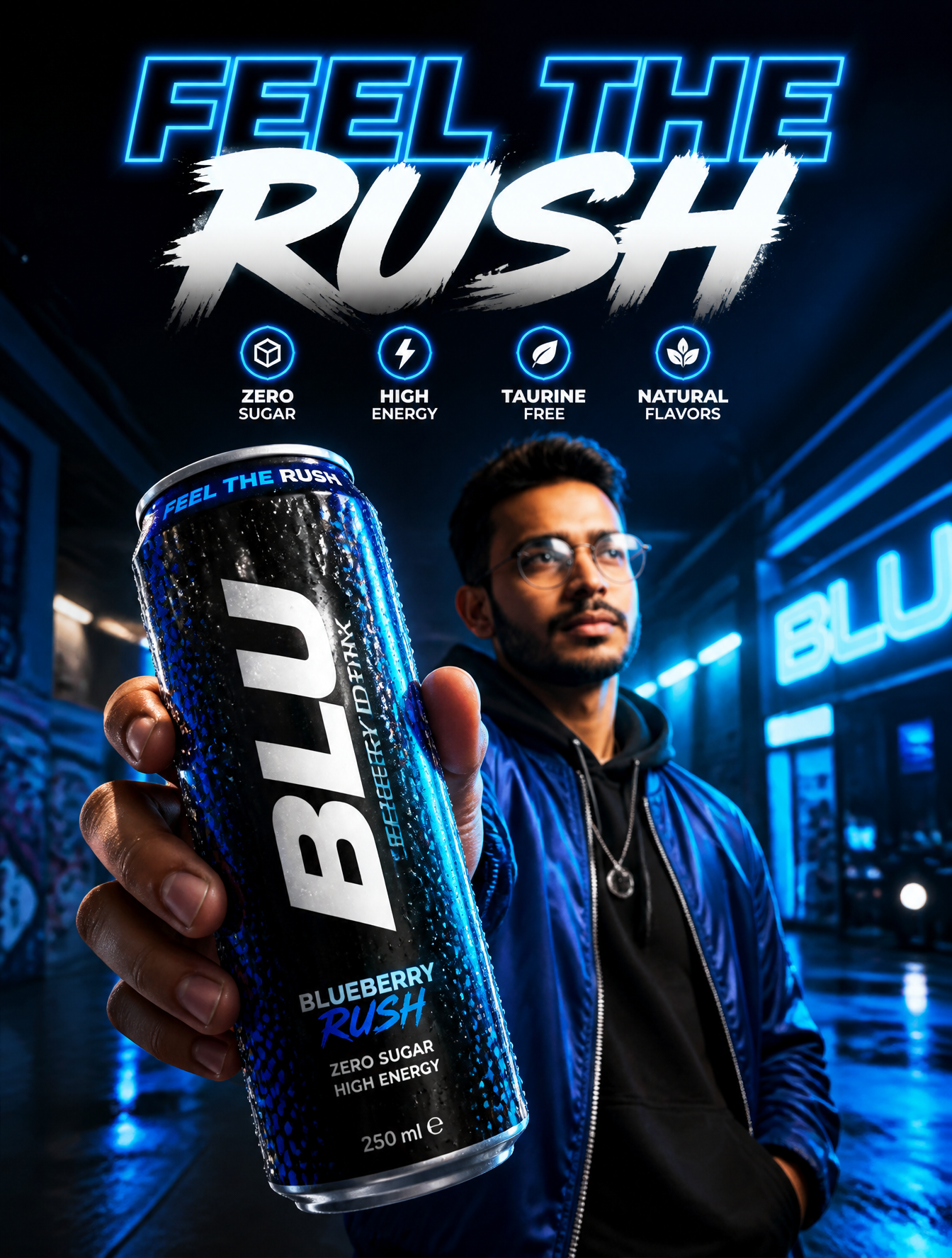 Create a premium high-energy modern beverage advertisement p