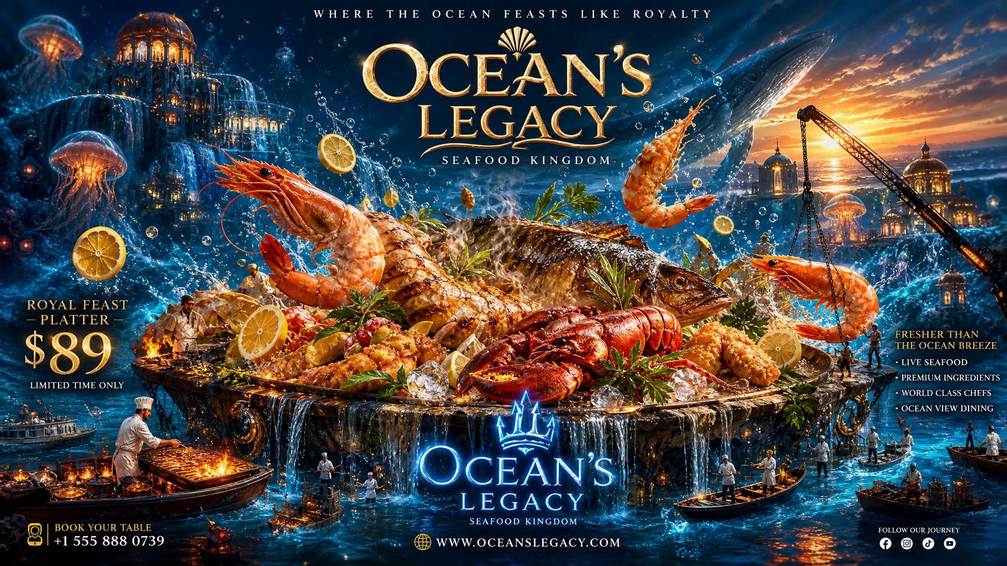 Create an insanely cinematic seafood restaurant advertising 