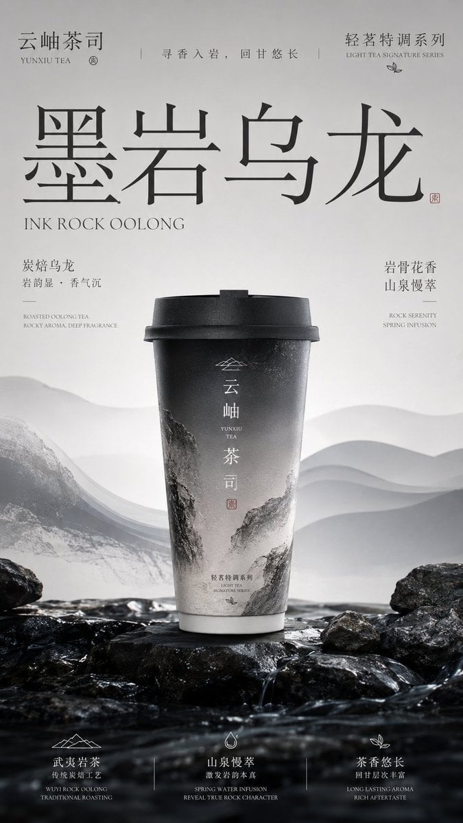 请生成一张竖版 9:16 的高级新中式茶饮品牌包装主视觉海报。每张图片独立生成，不要合并成拼图。

【品牌信息】
品牌名