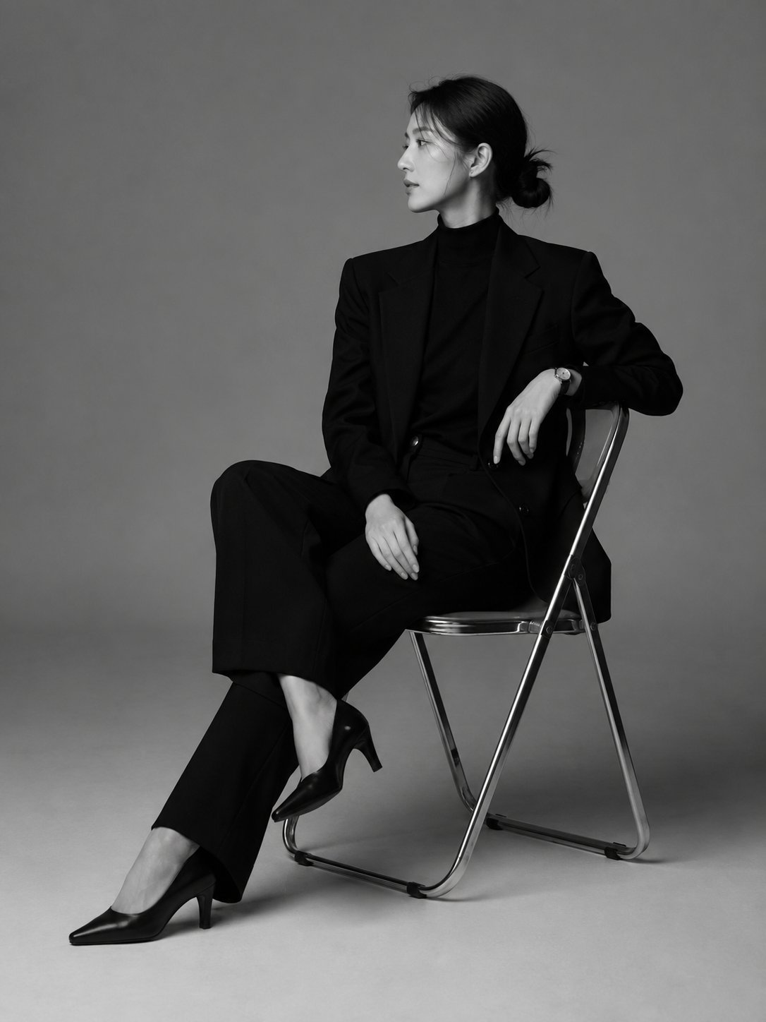 A Korean East Asian woman in her late 20s–early 30s, serene