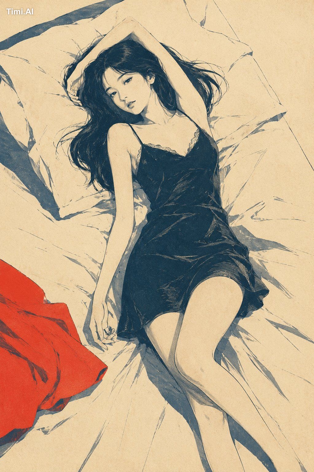 一张极简复古日式版画风插画,主体为【xxx】,画面保留大面积米白色、象牙白或淡奶油色纸张背景,背景带有细腻纸纹、轻微老化