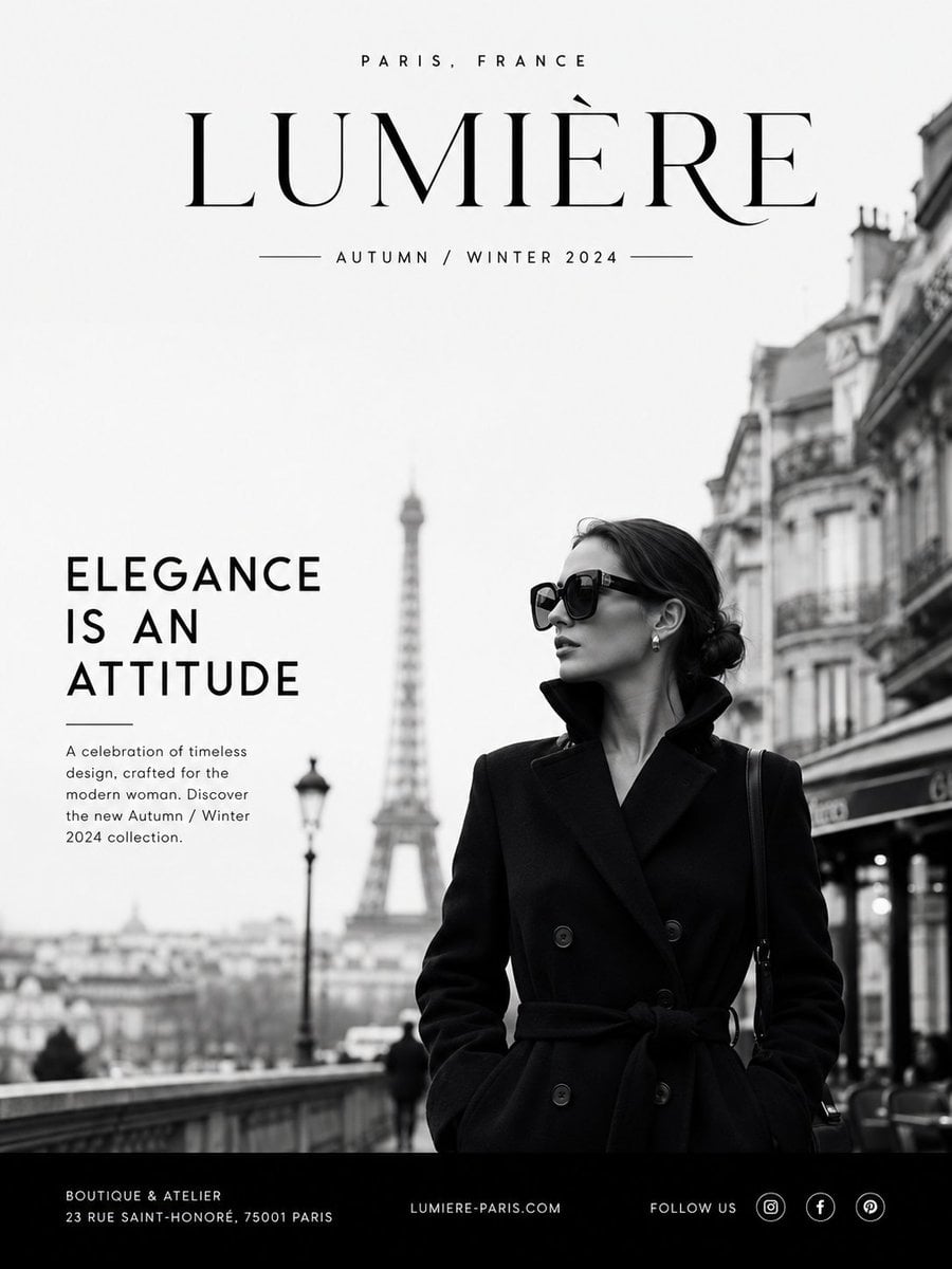 Create a premium luxury fashion advertisement in a minimalis