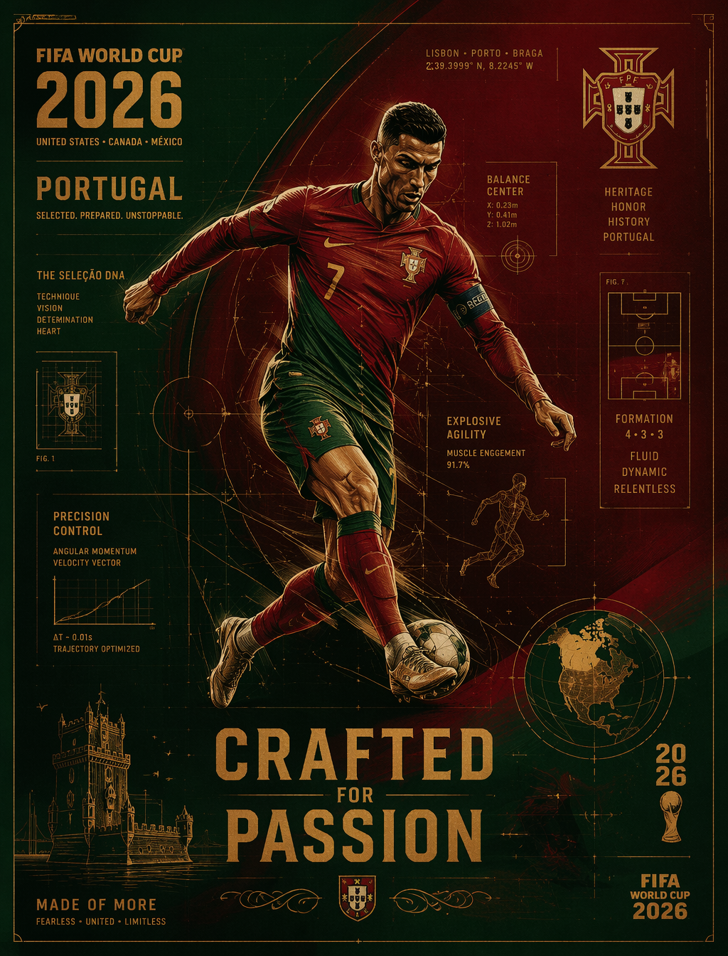 FIFA World Cup 2026 Portugal blueprint poster, deep red-gree