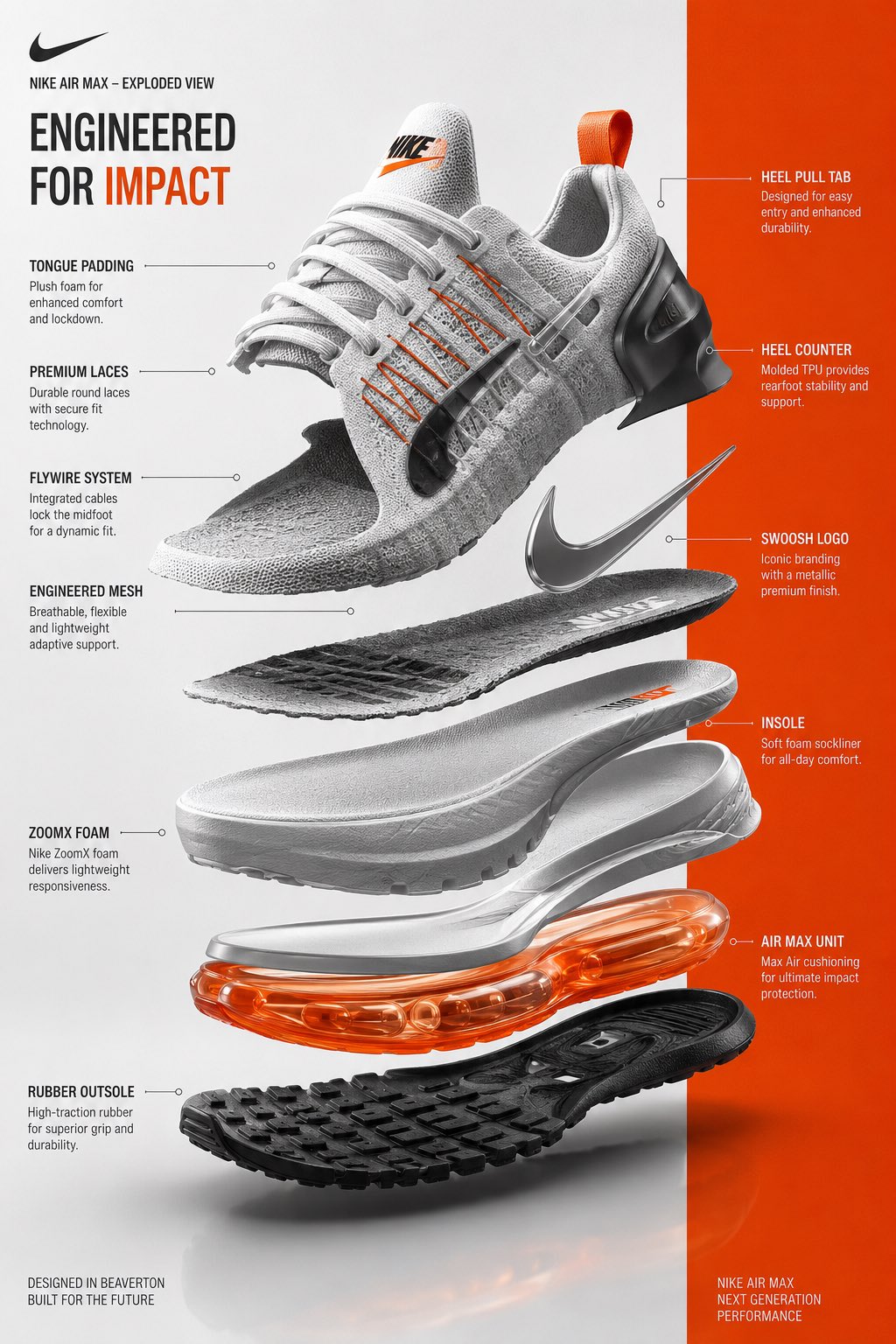 .
A premium exploded-view infographic of a futuristic Nike s