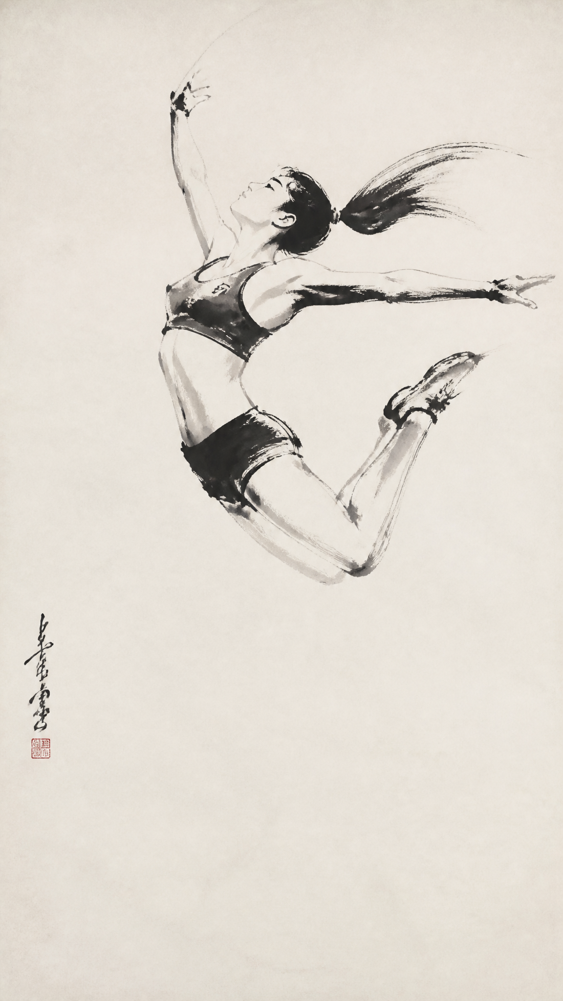 传统中国水墨画，写意风格，一个正在空中跳跃的美女运动员，极简主义构图，大面积留白，豪放洒脱的毛笔笔触，枯笔飞白效果，浓淡