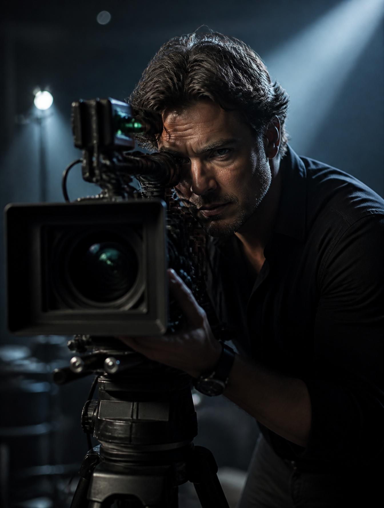 A focused cinematographer operates a professional cinema cam
