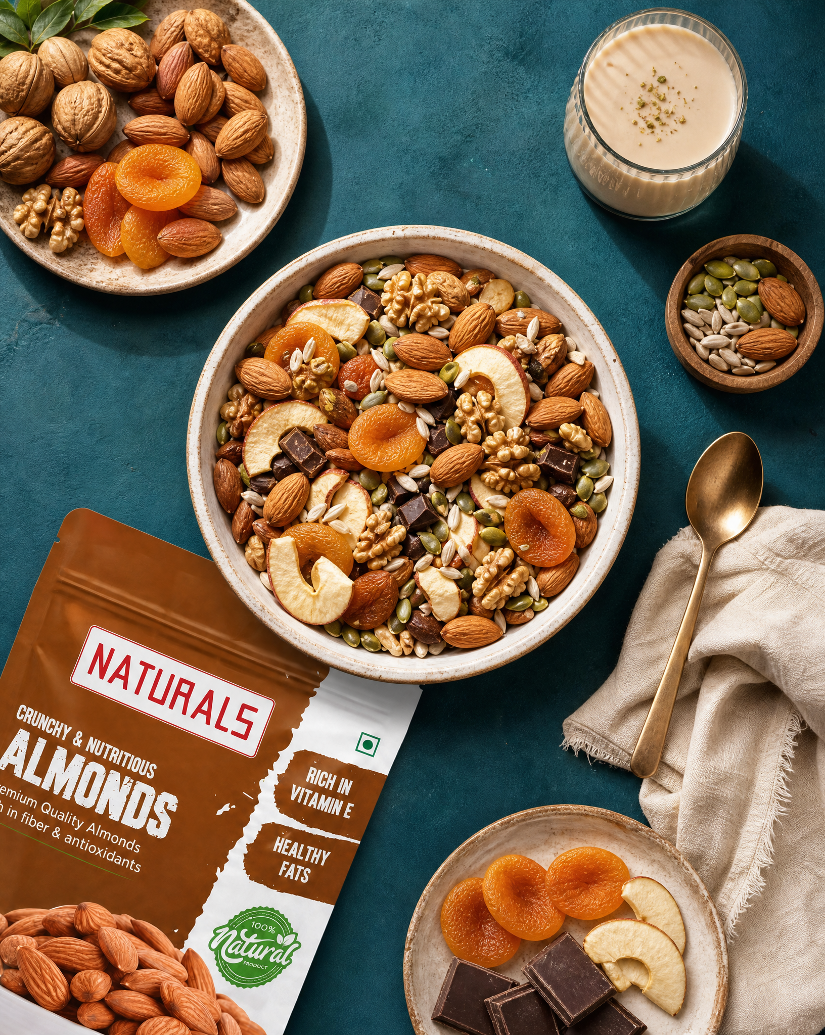 Create a premium top-down dry fruits and gifting product pho