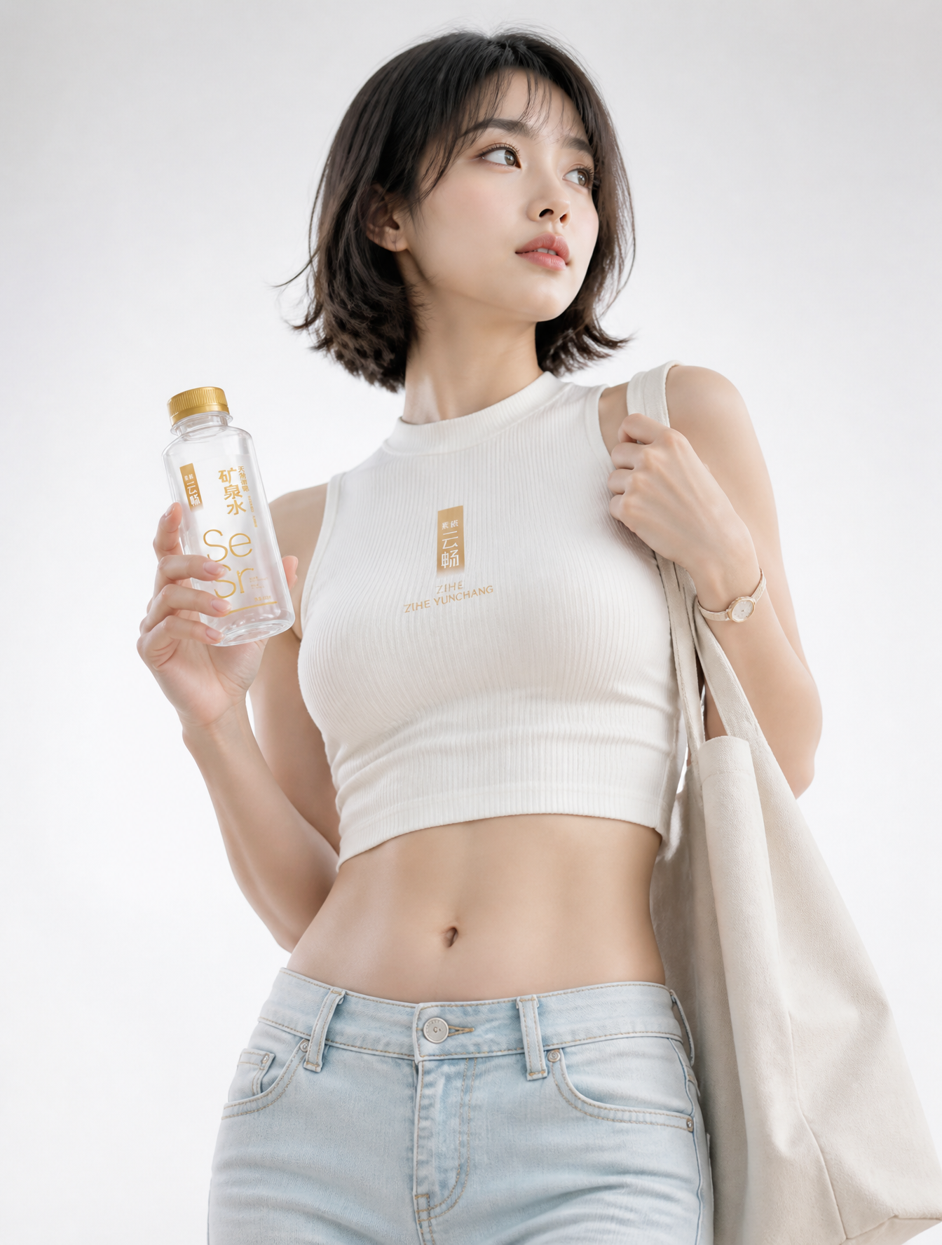 A fresh high-key lifestyle portrait set against a solid pure