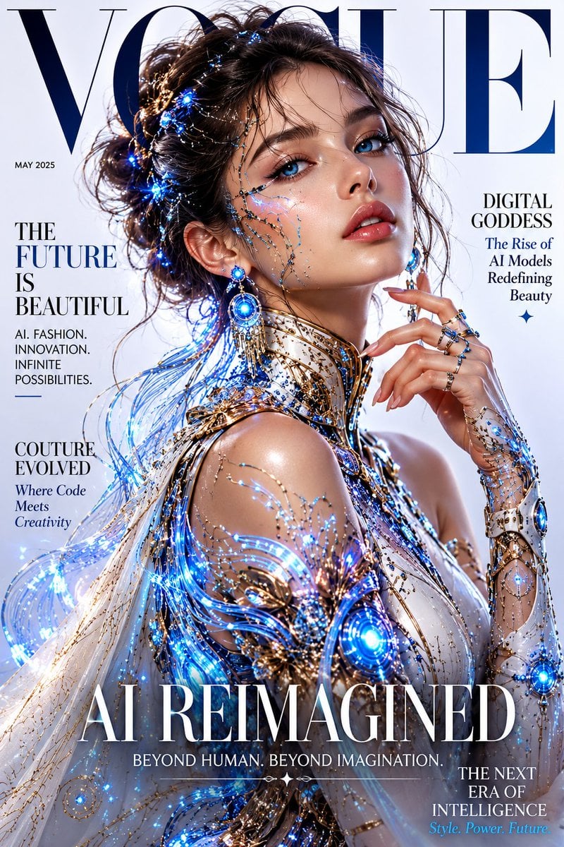 Professional magazine cover design, Vogue style, fictional A