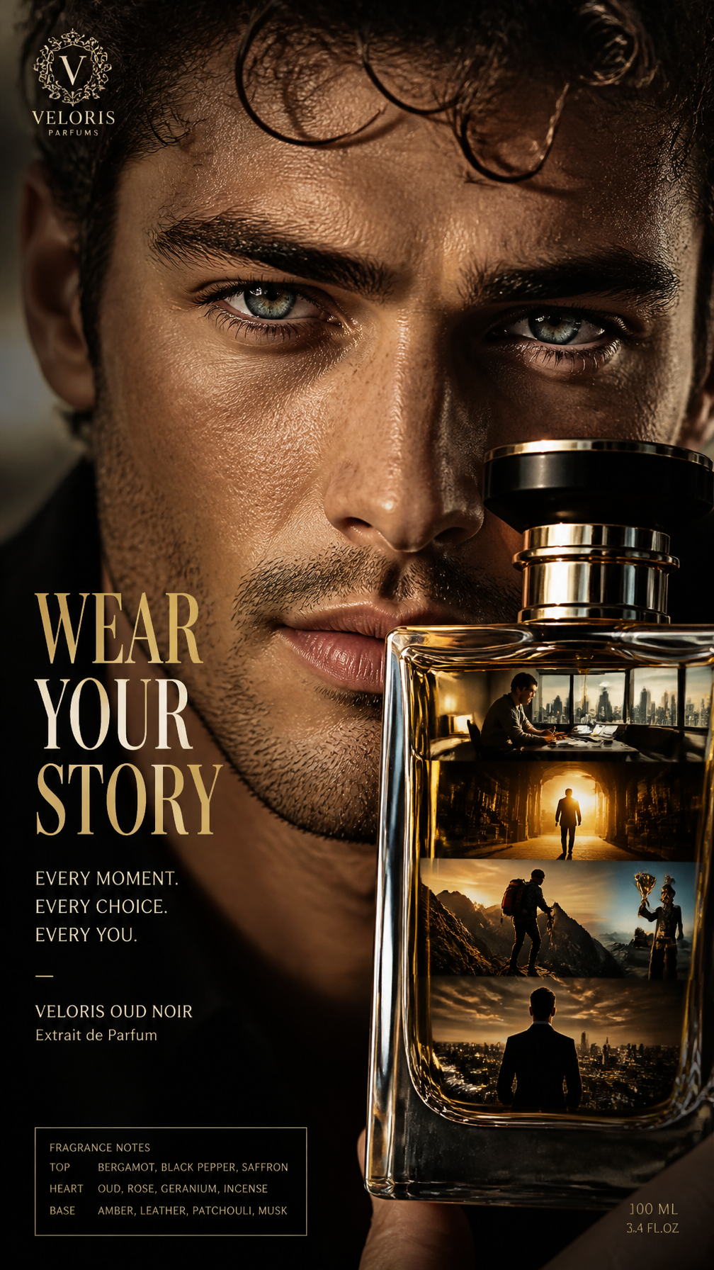 A premium 9:16 fragrance advertising poster.Main Subject:An 