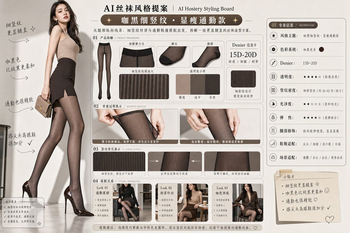 请生成一张横向 4:3 的中文版「AI丝袜风格提案 / AI Hosiery Styling Board」图片。 画面定