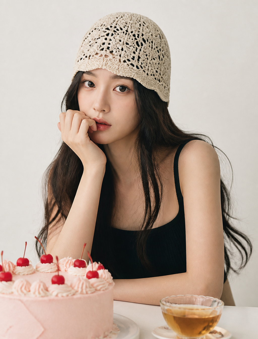 A young woman with long, dark, flowing hair wears a beige, i