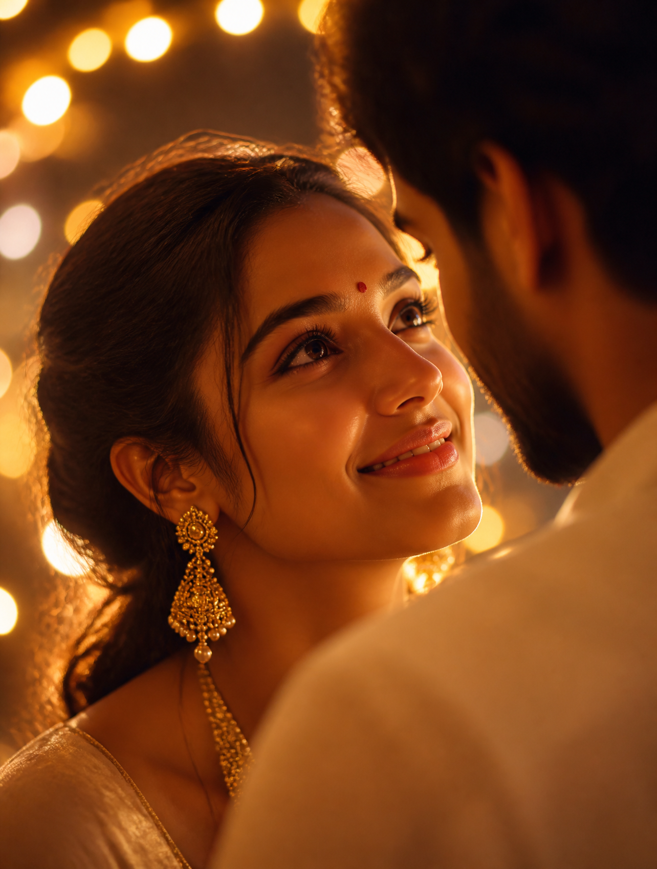A radiant woman with a gentle, joyful expression leans intim