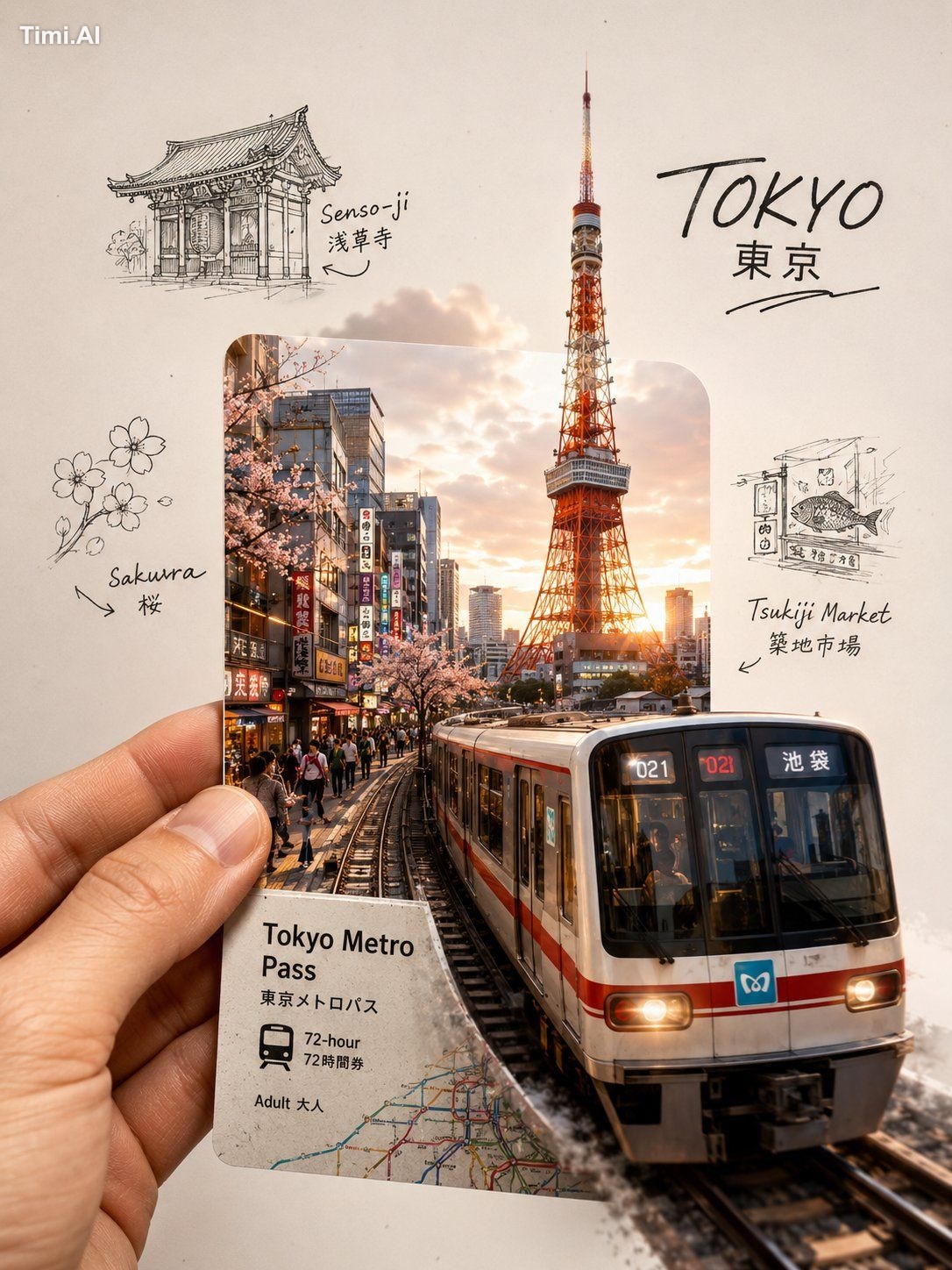 A highly aesthetic travel-journal collage of Tokyo, Japan, d