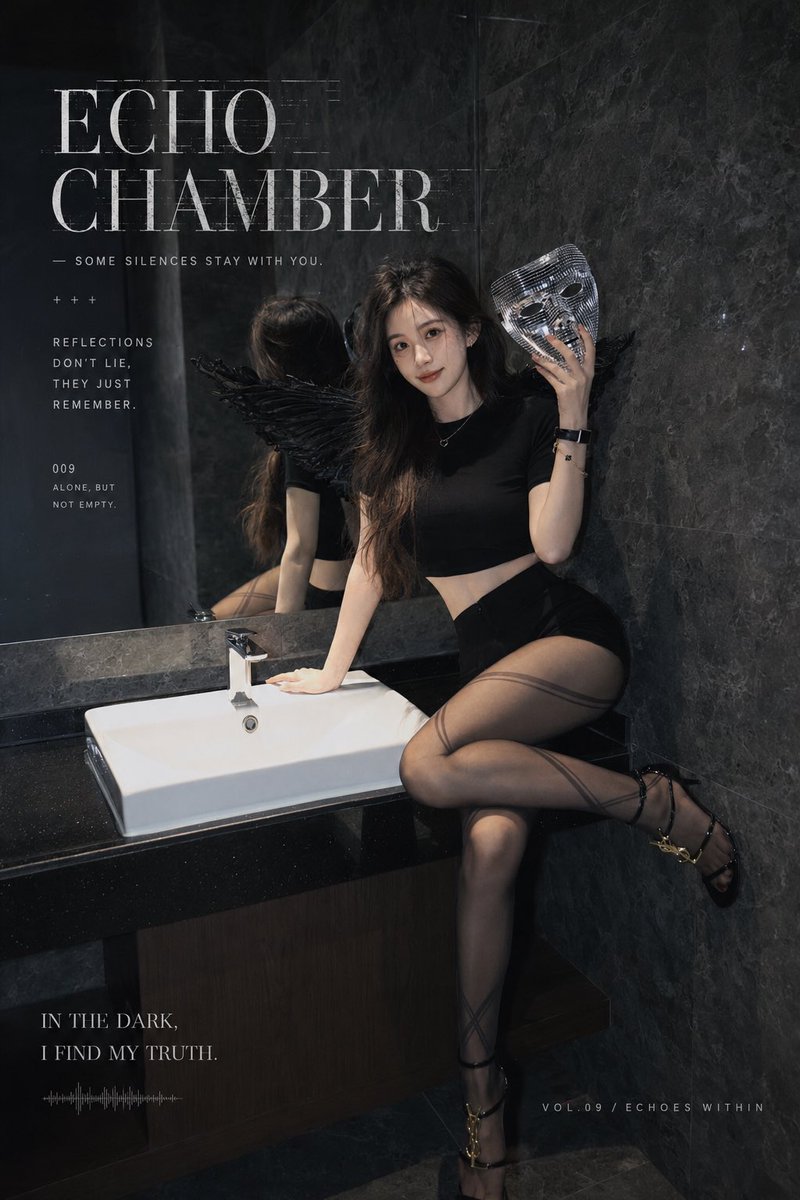 暗黑哥特风时尚杂志写真,成年亚洲女性模特,清冷甜美五官,长卷发,黑色短袖修身露腰上衣,高腰黑色短裙/短裤,半透明灰黑色纹