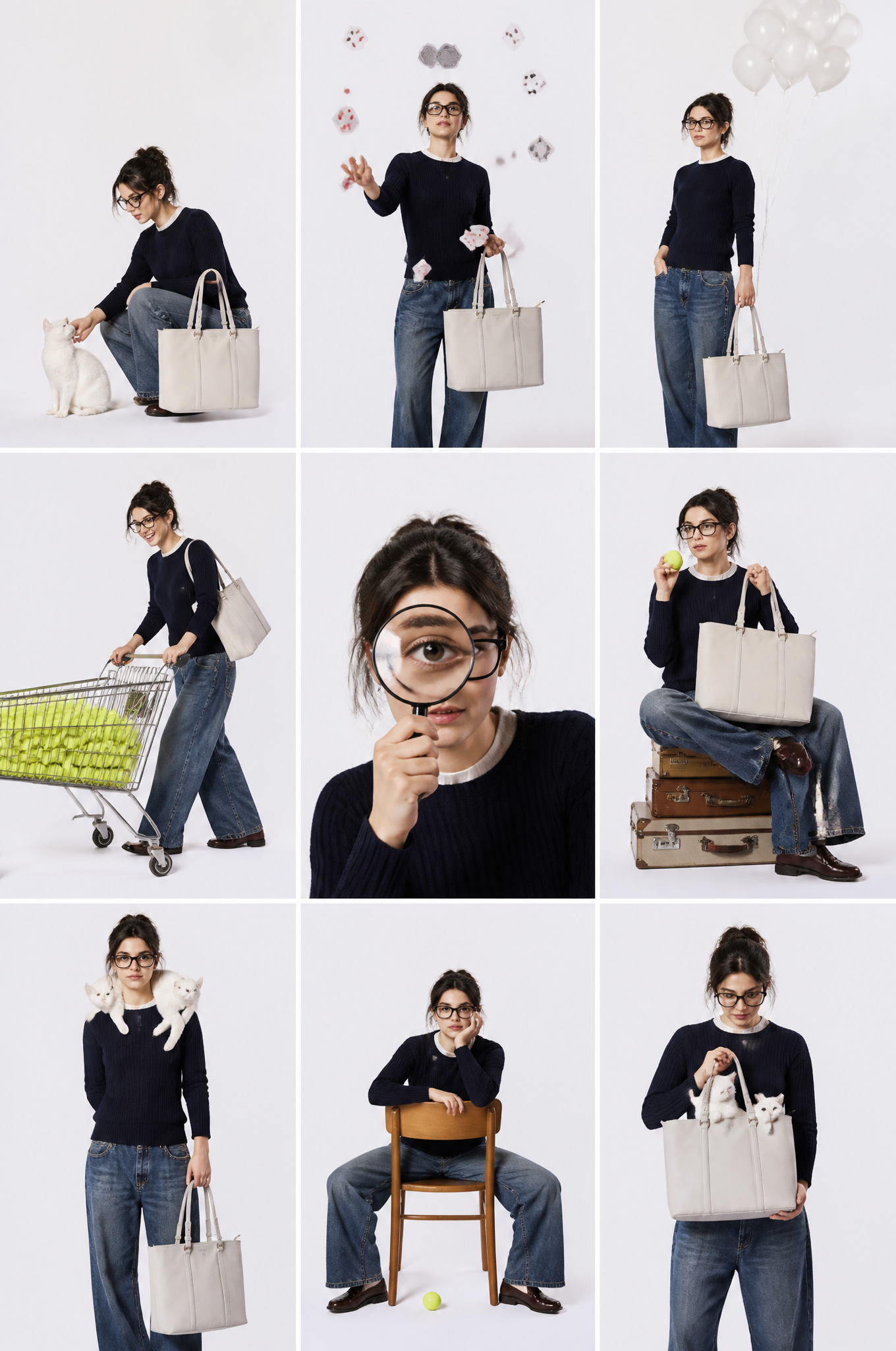 studio fashion collage, 3x3 grid layout, same subject repeat