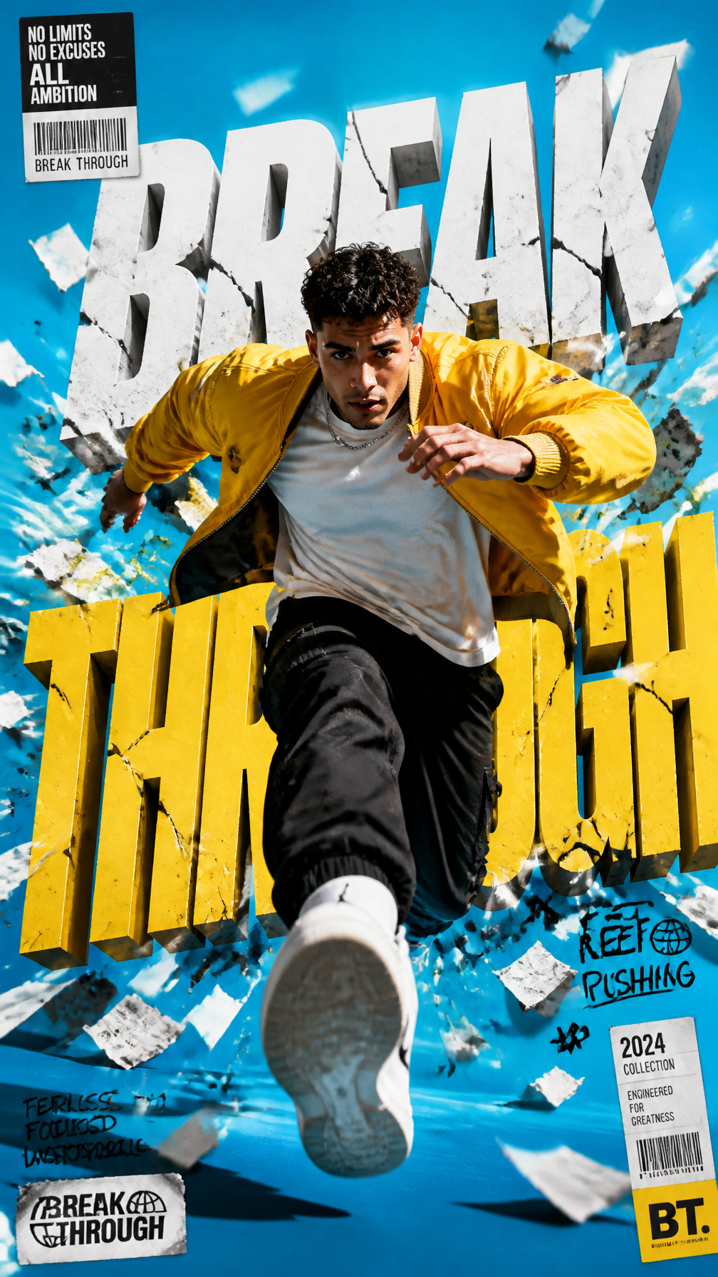 A premium 9:16 streetwear advertising poster.Main Subject:
A