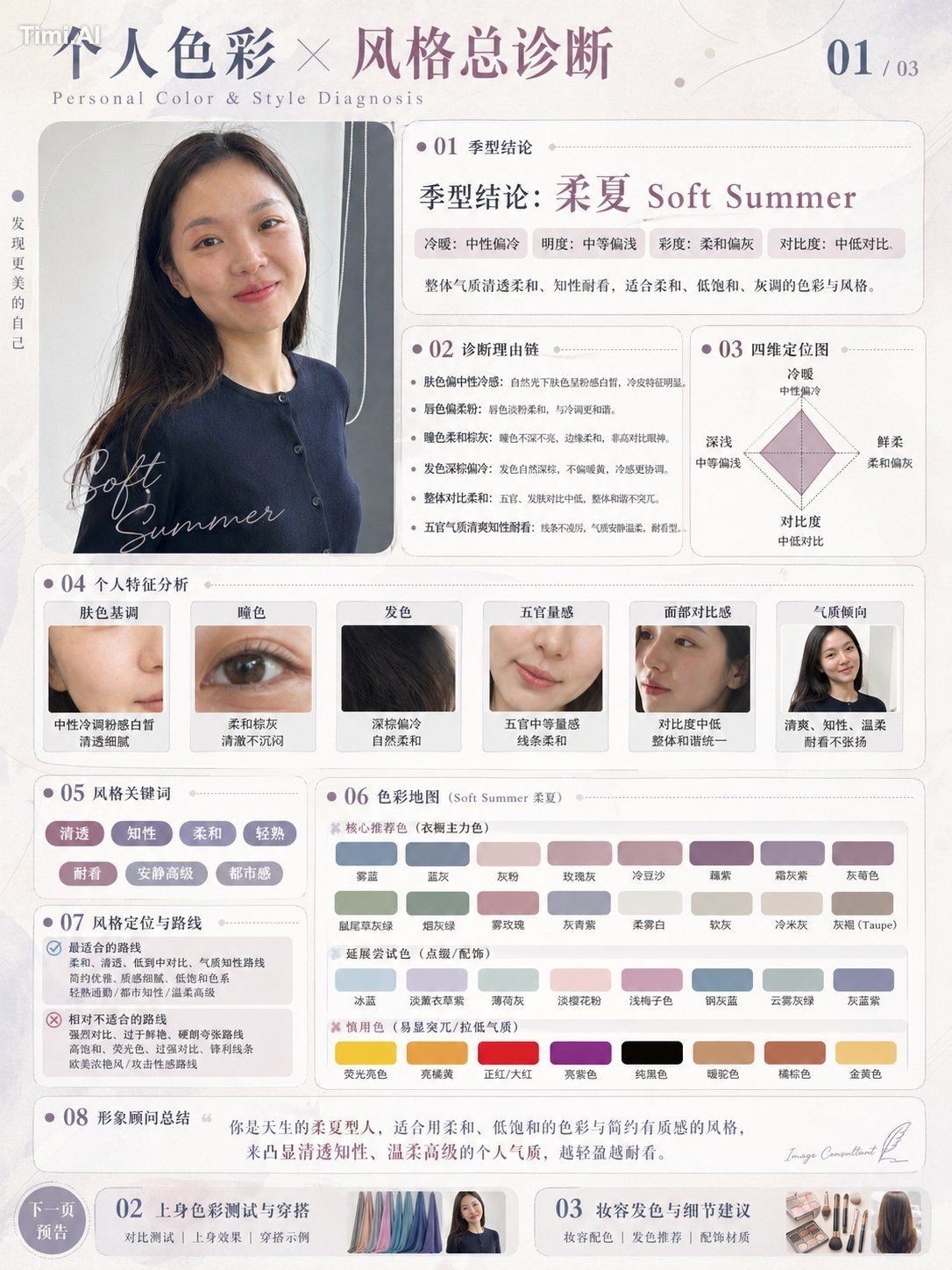 请基于用户上传的人像照片,创作一套高完成度、适合小红书发布的「个人色彩诊断三连图 / Personal Color Di